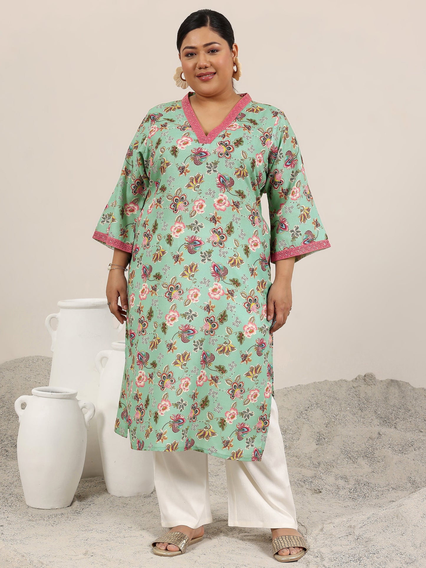 Plus Size Blue Printed Cotton Blend Kurta