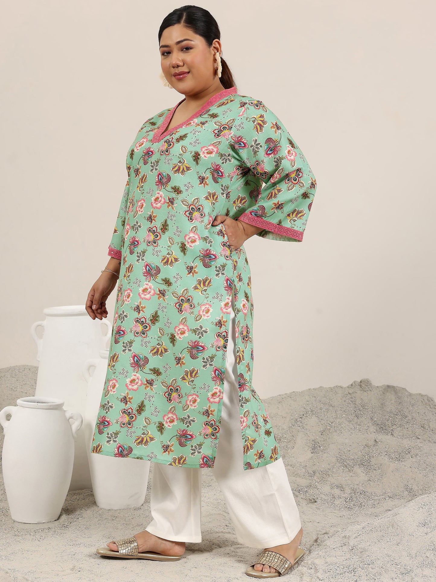 Plus Size Blue Printed Cotton Blend Kurta