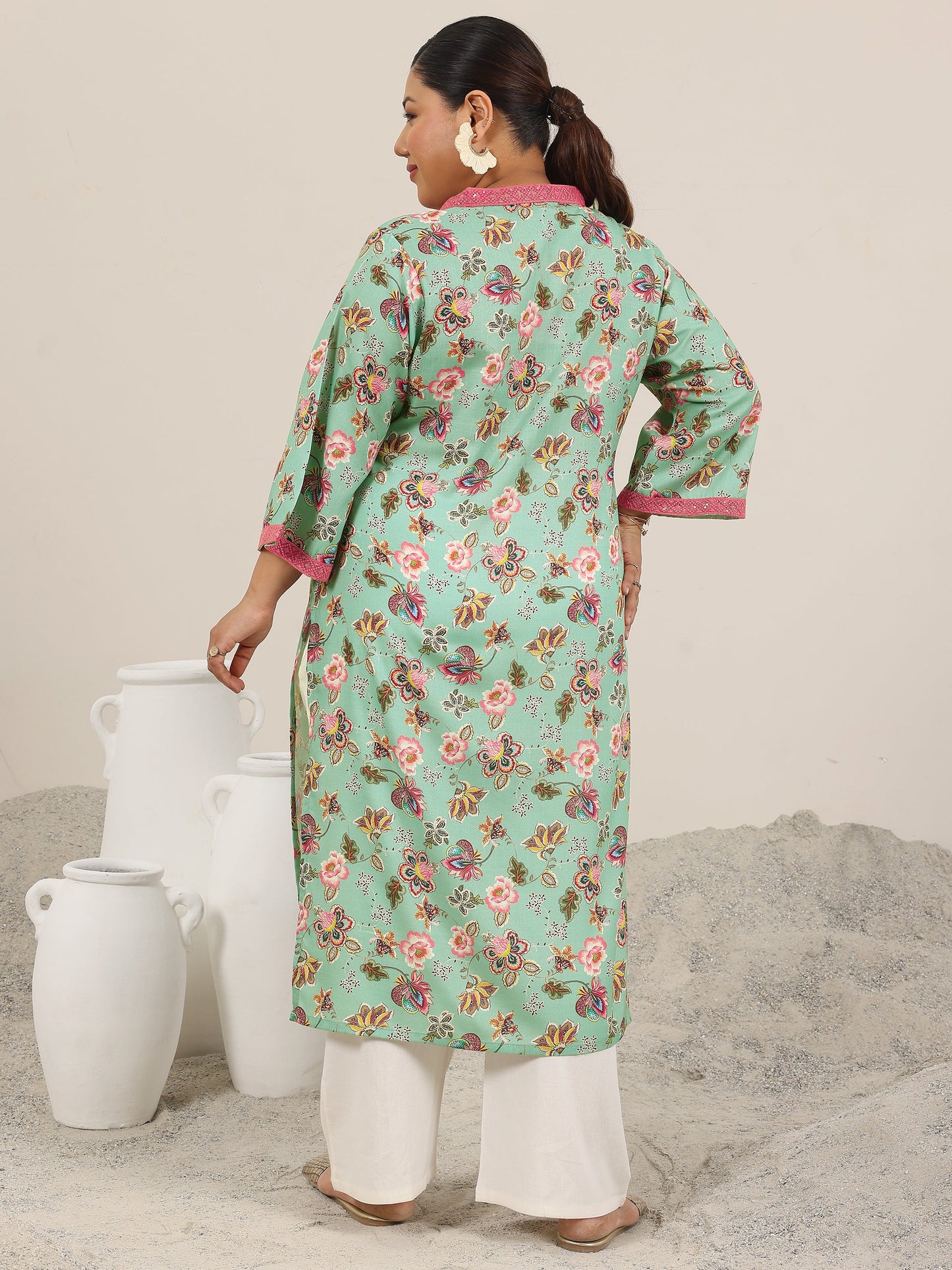 Plus Size Blue Printed Cotton Blend Kurta