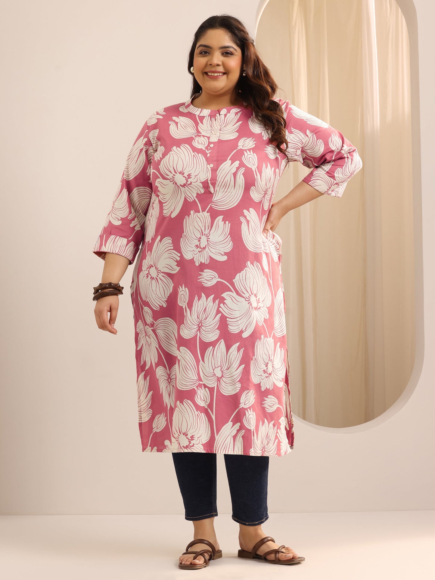Plus Size Peach Printed Cotton Straight Kurta