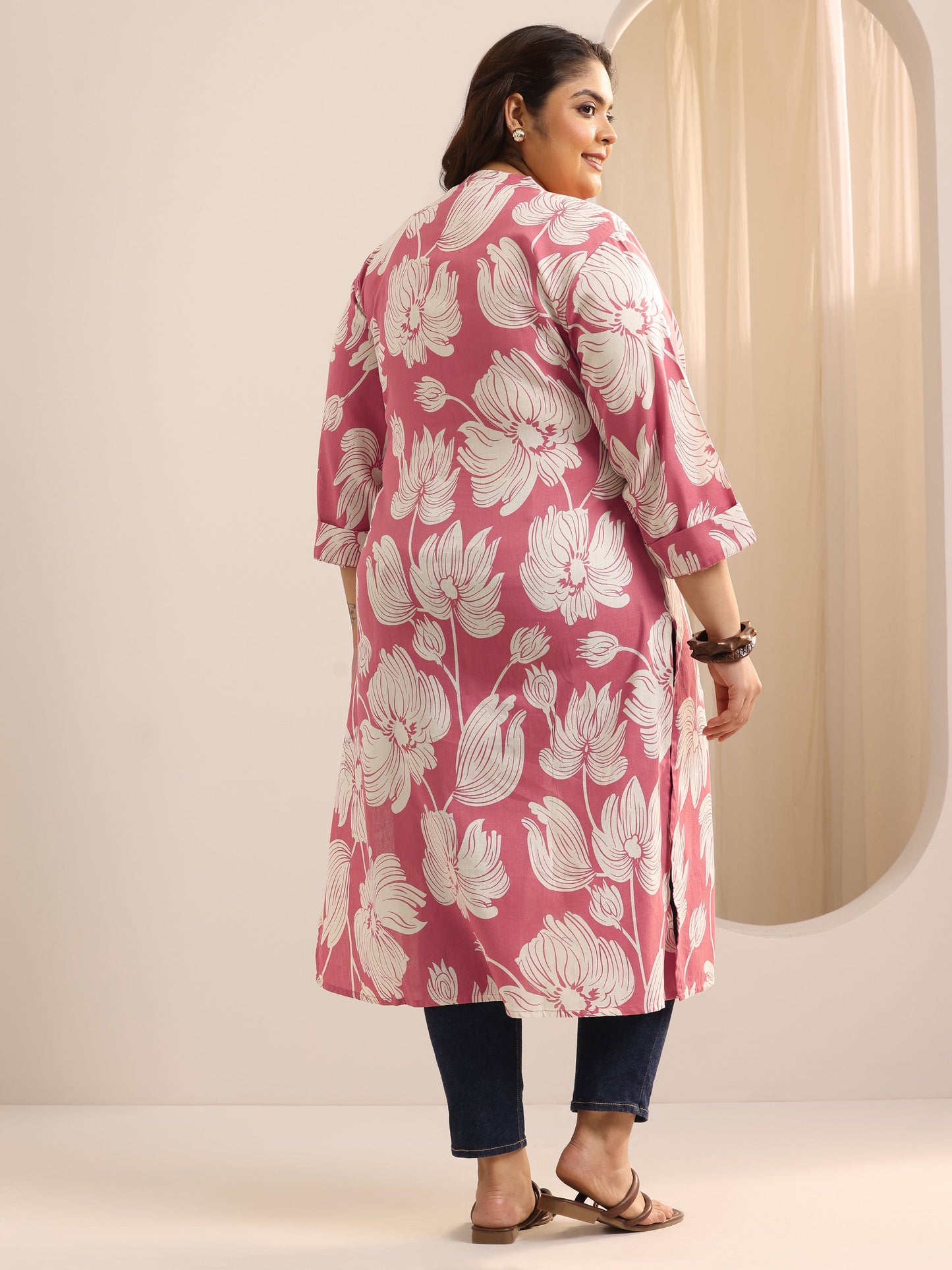Plus Size Peach Printed Cotton Straight Kurta