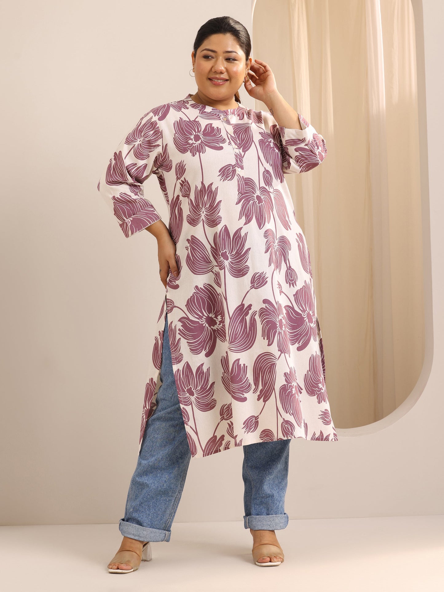 Plus Size Off White Printed Cotton Straight Kurta