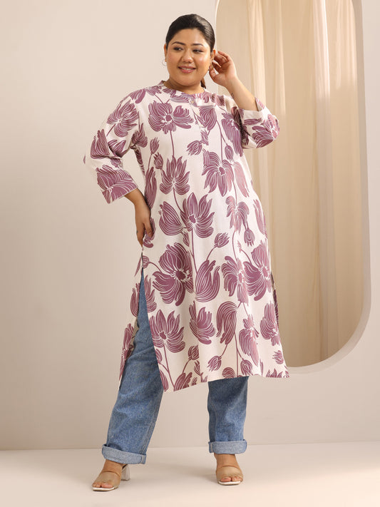 Plus Size Off White Printed Cotton Straight Kurta