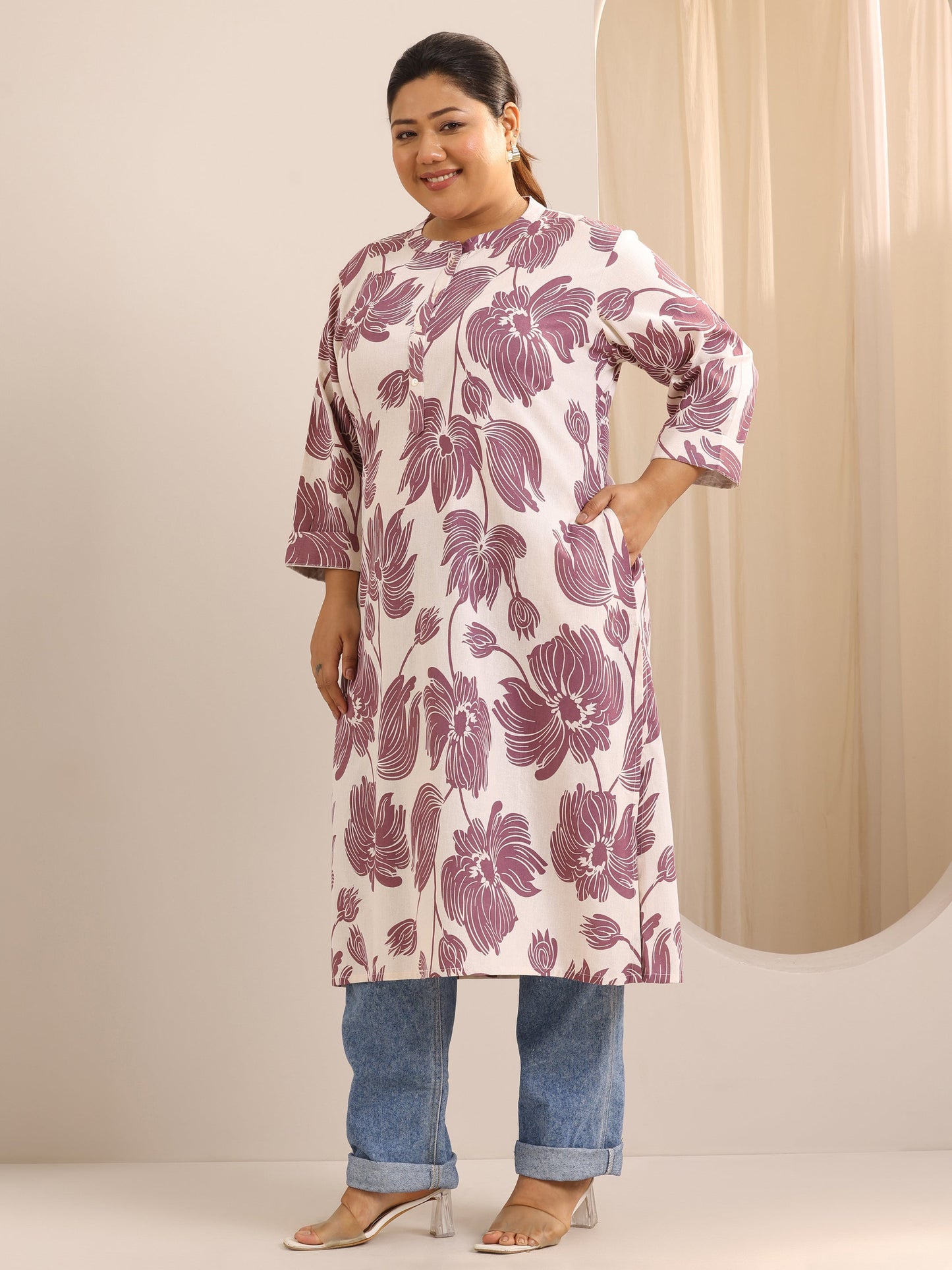 Plus Size Off White Printed Cotton Straight Kurta