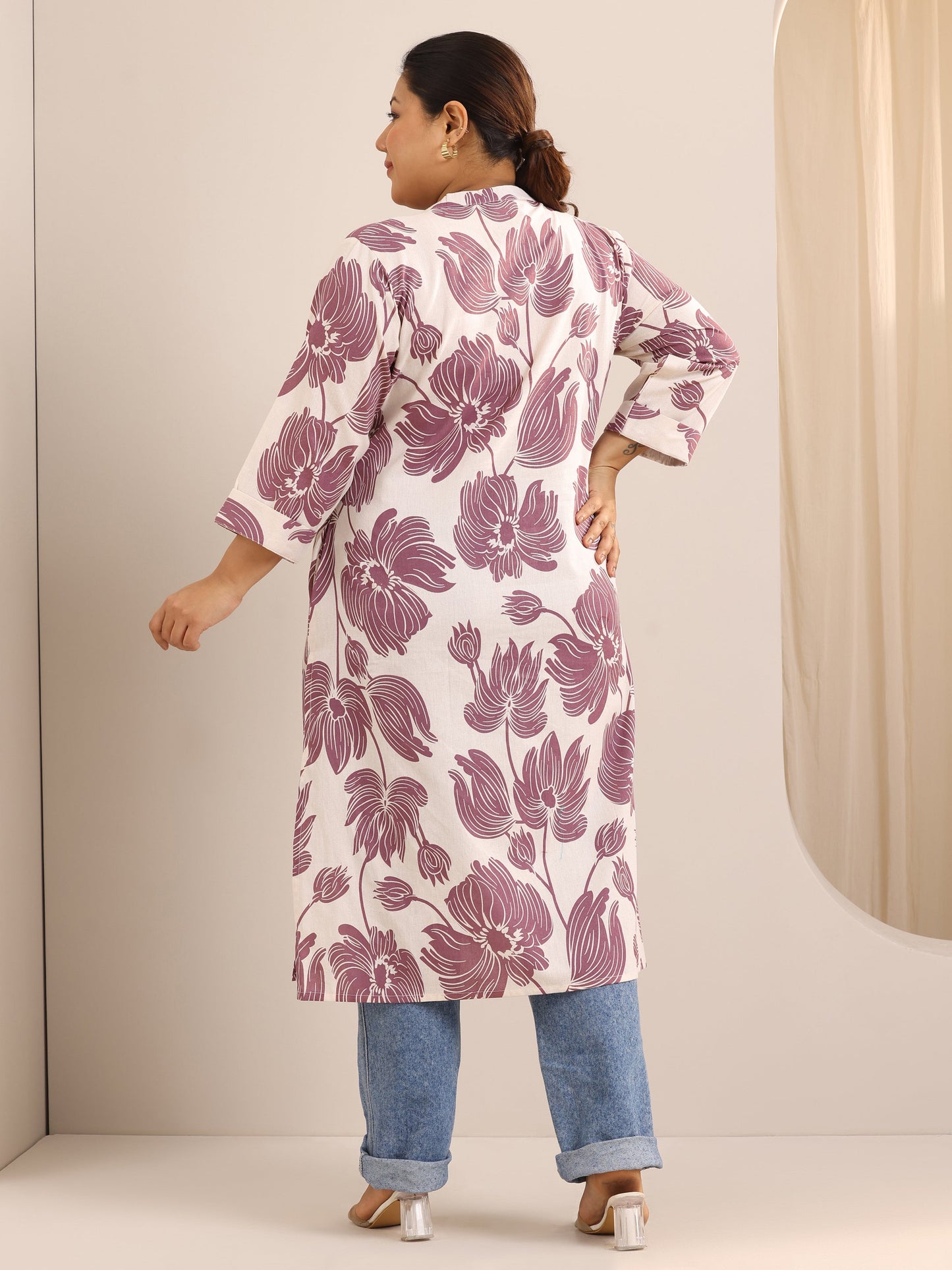 Plus Size Off White Printed Cotton Straight Kurta