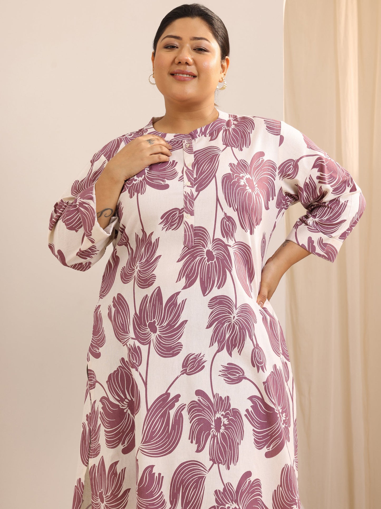 Plus Size Off White Printed Cotton Straight Kurta