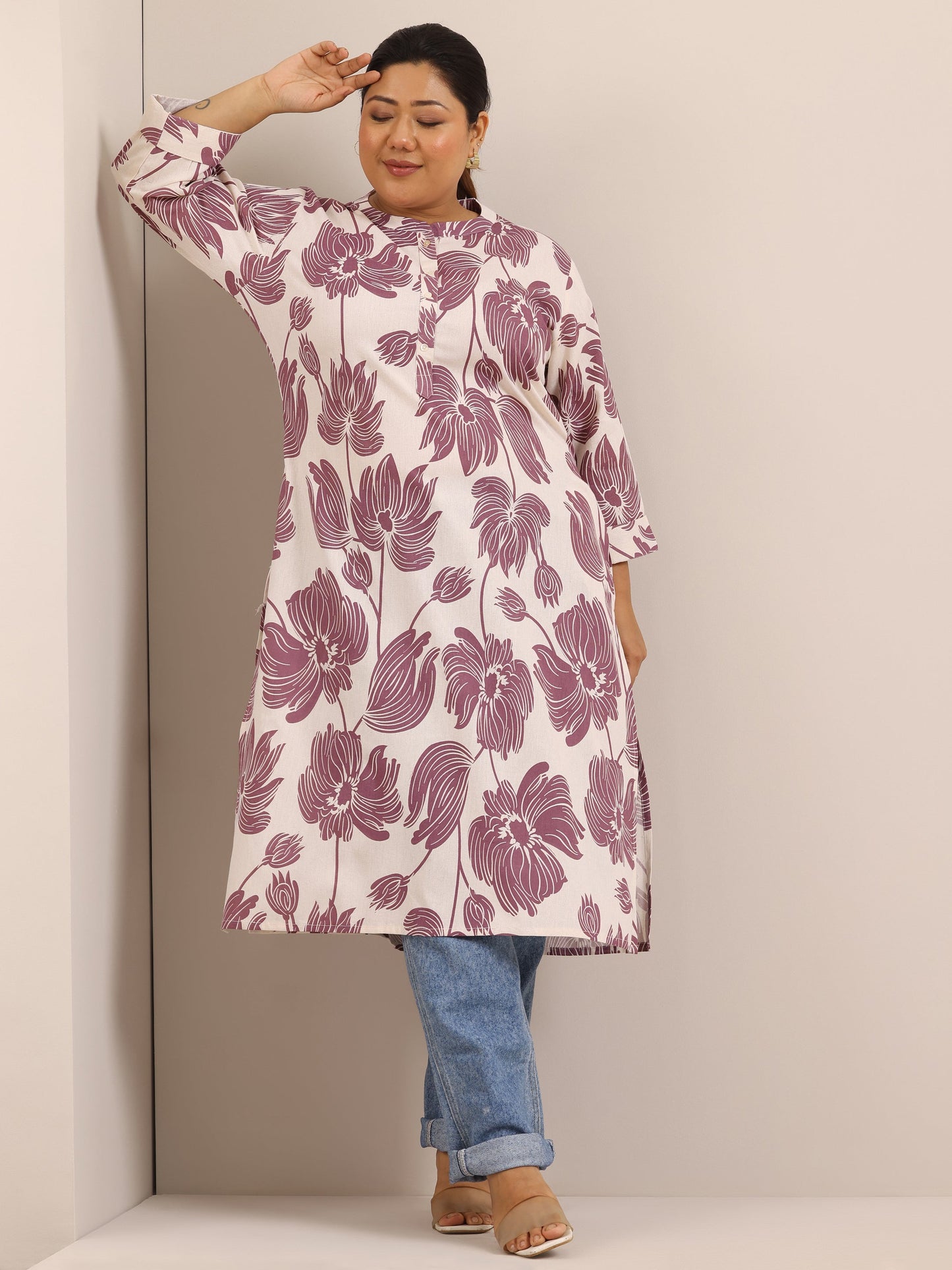 Plus Size Off White Printed Cotton Straight Kurta