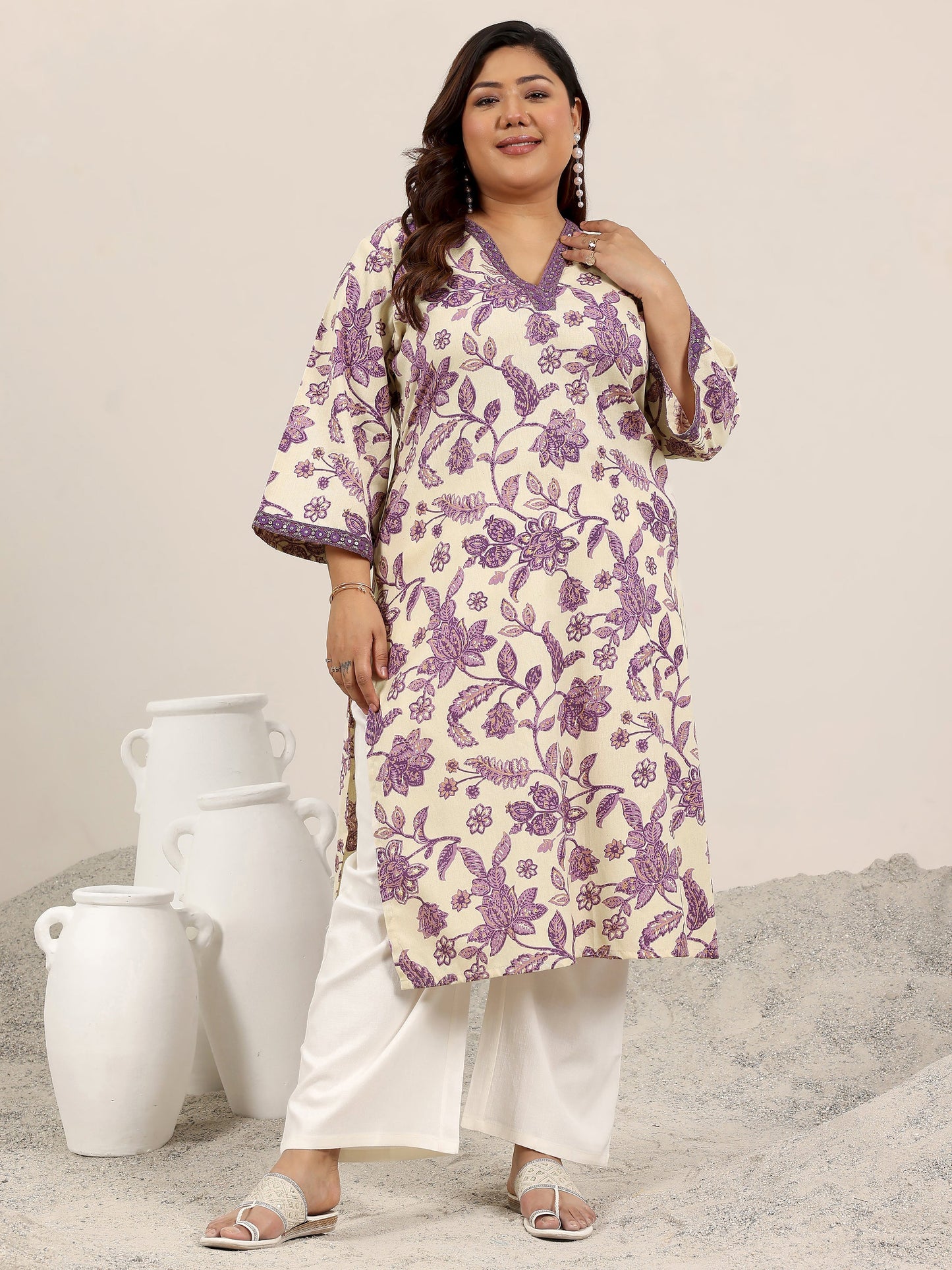 Plus Size Off White Printed Rayon Kurta