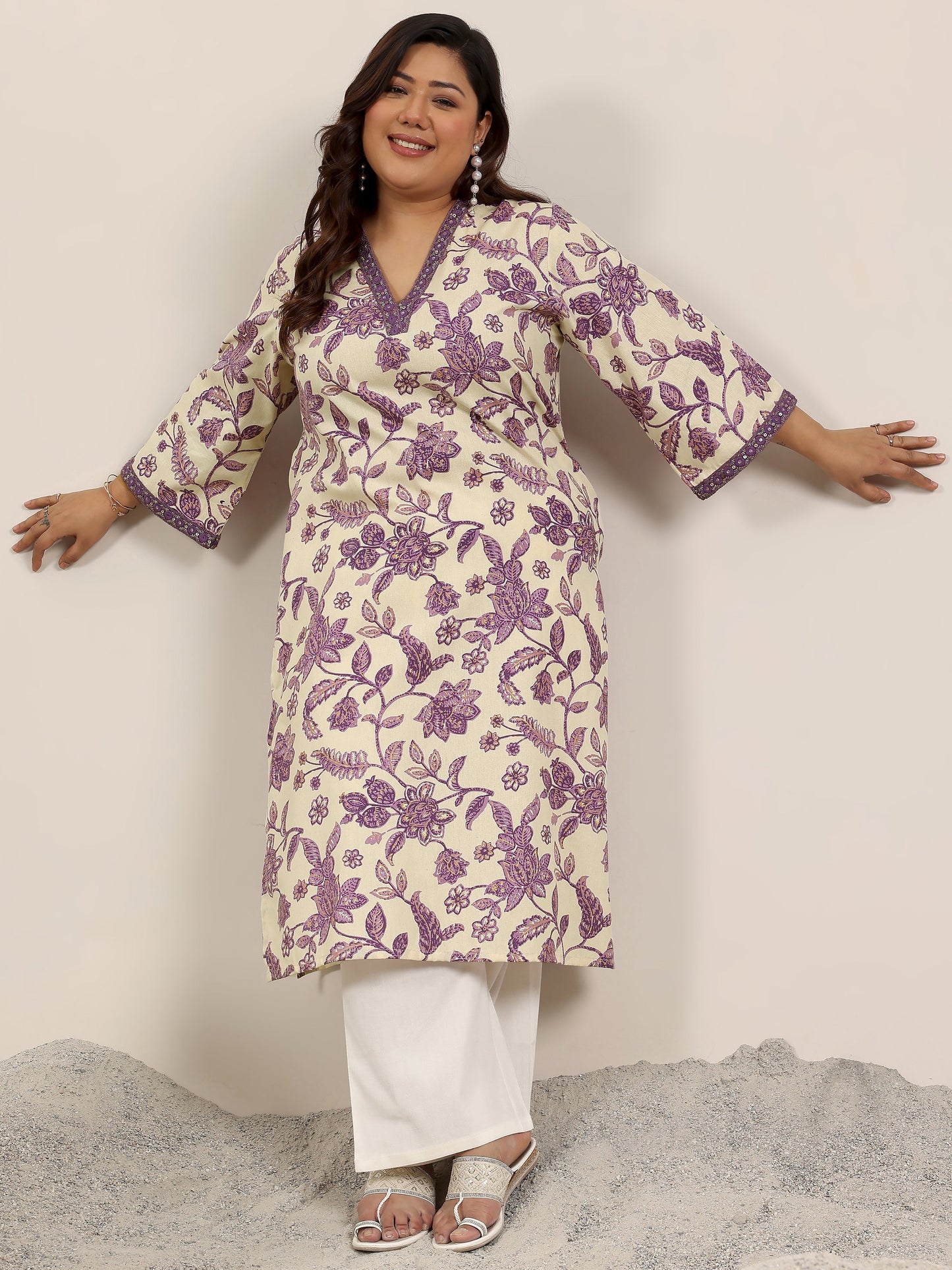 Plus Size Off White Printed Rayon Kurta