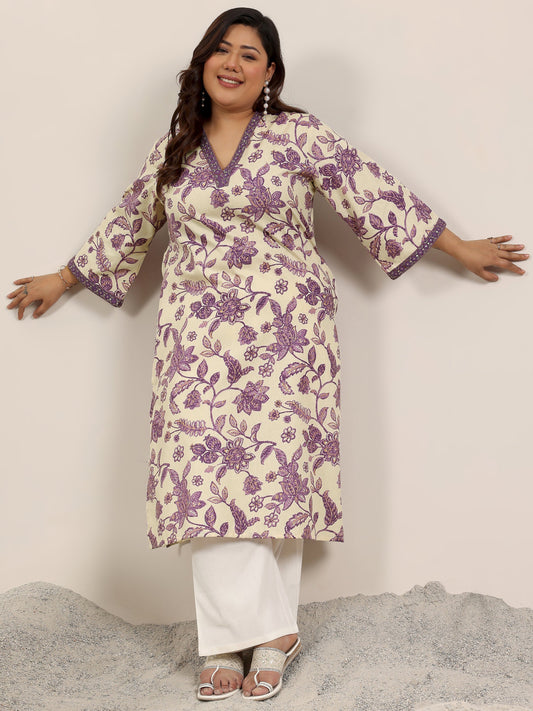 Plus Size Off White Printed Rayon Kurta