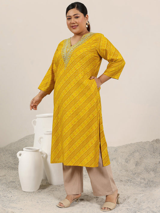 Plus Size Mustard Printed Silk Straight Kurta