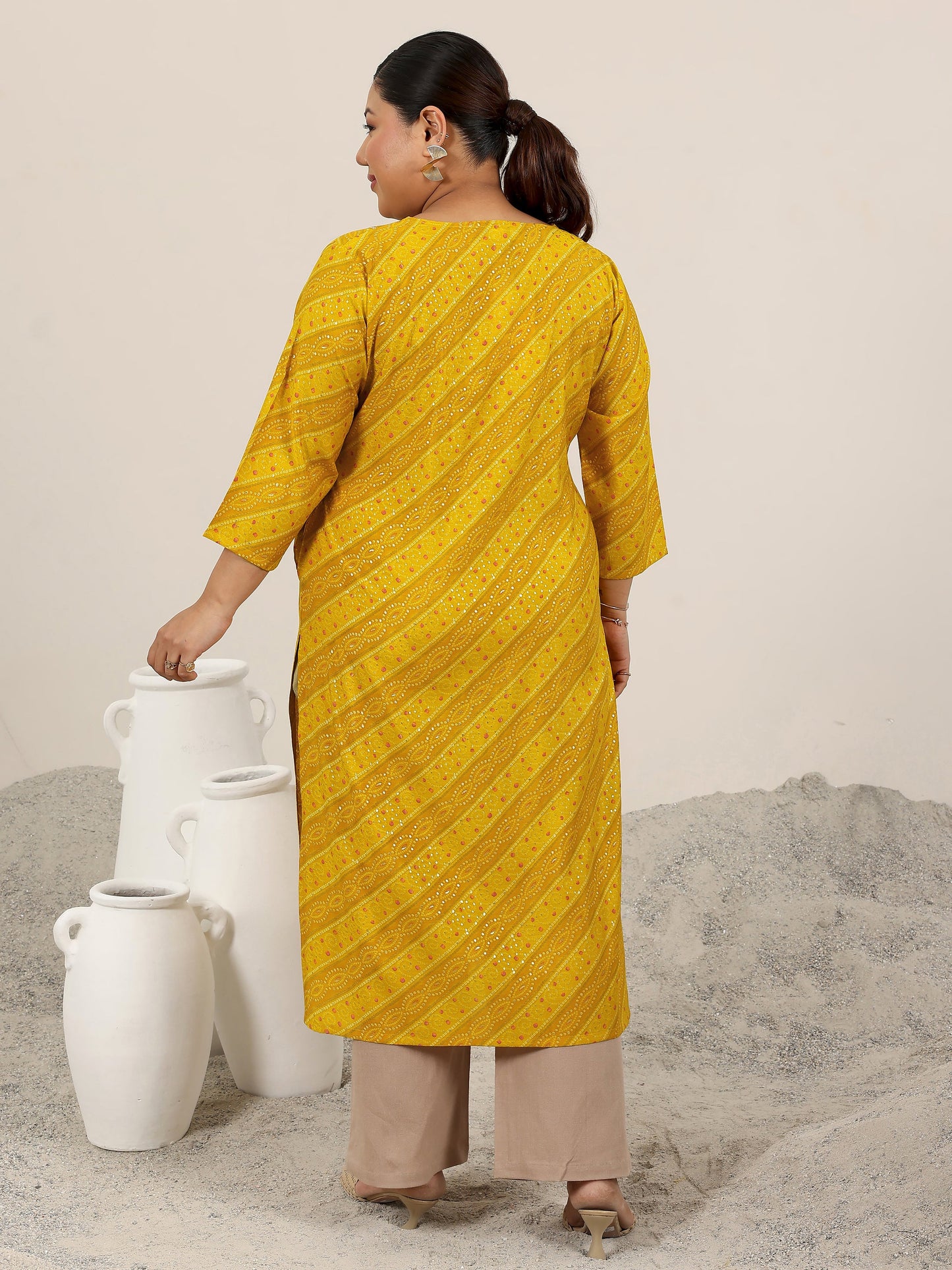 Plus Size Mustard Printed Silk Straight Kurta
