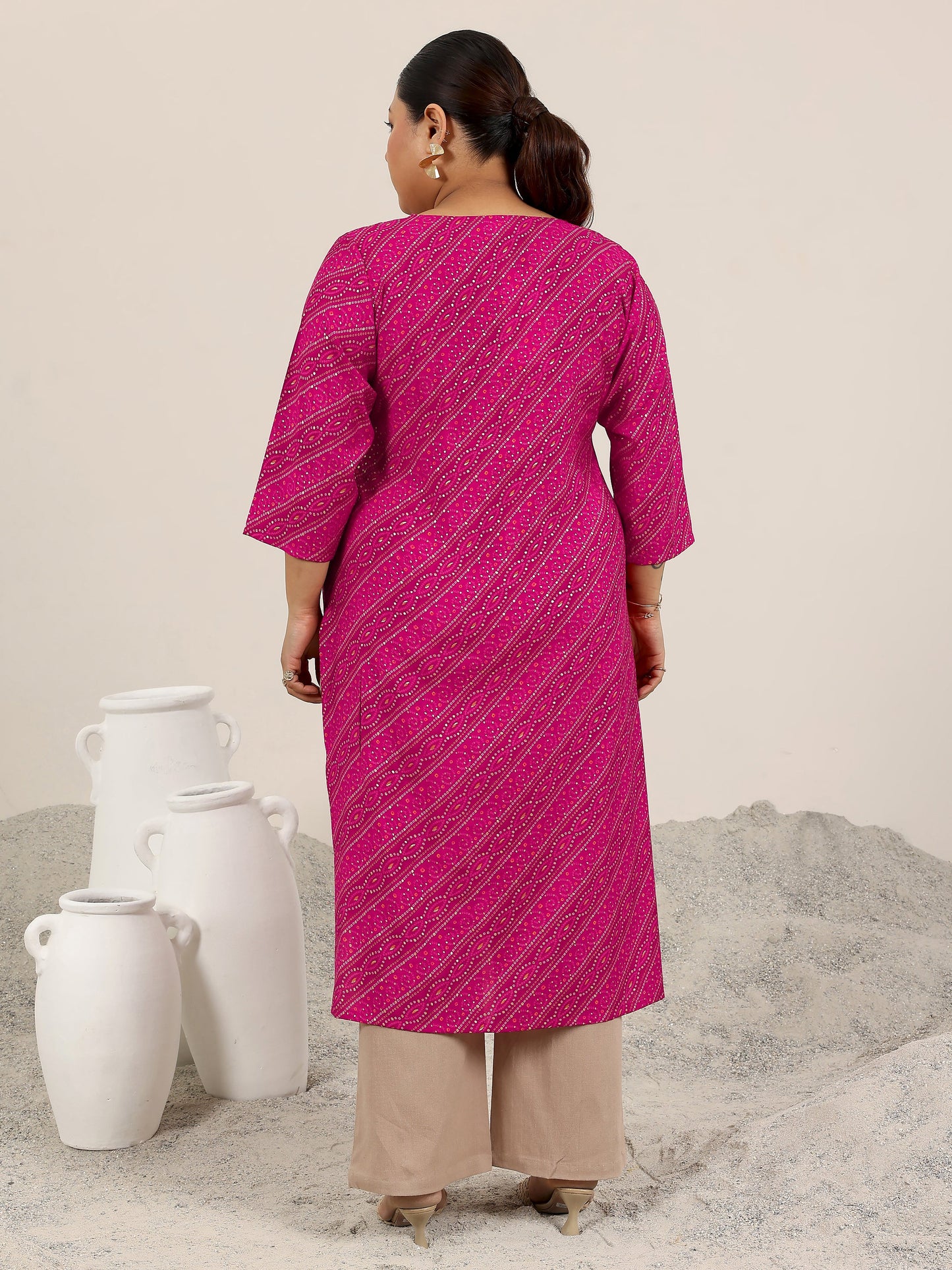 Plus Size Pink Printed Silk Straight Kurta