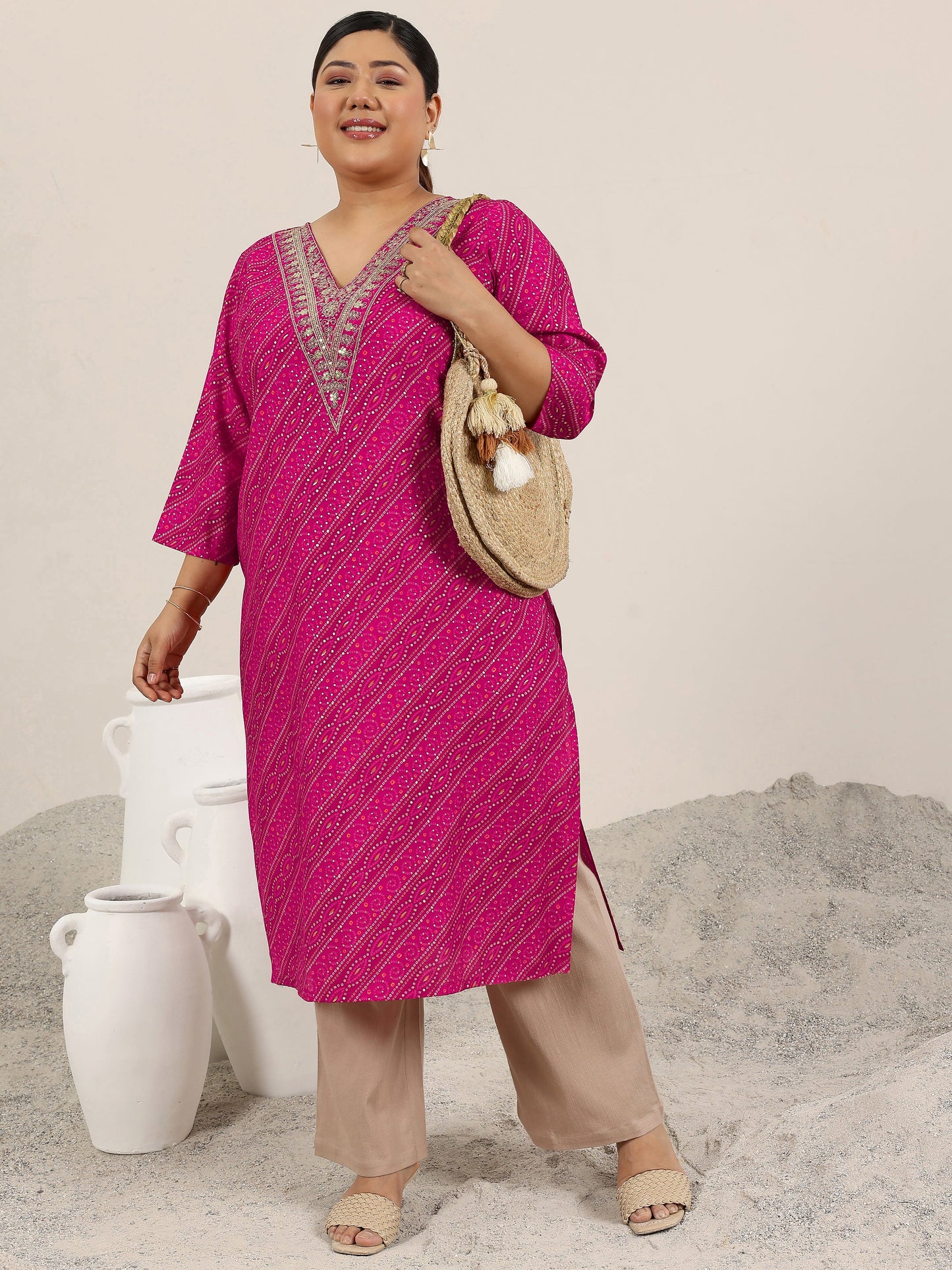 Plus Size Pink Printed Silk Straight Kurta