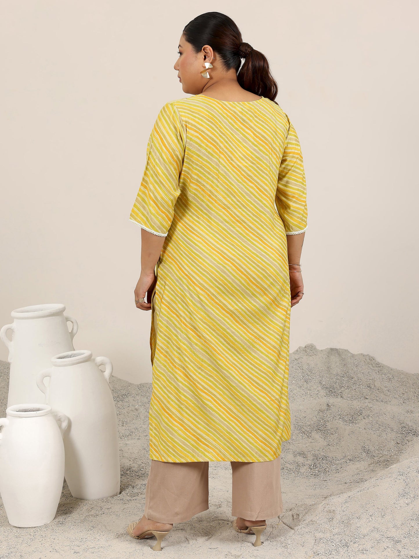 Plus Size Mustard Printed Silk Kurta