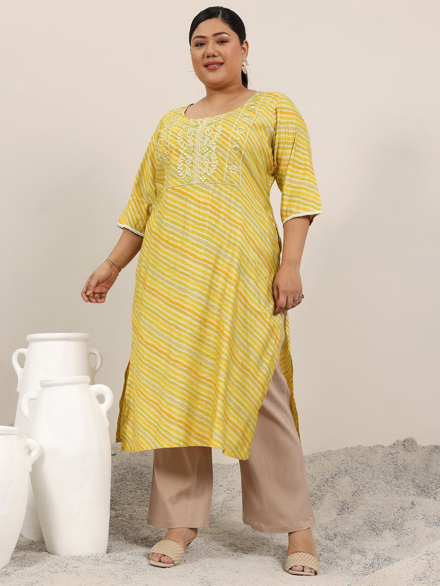 Plus Size Mustard Printed Silk Kurta