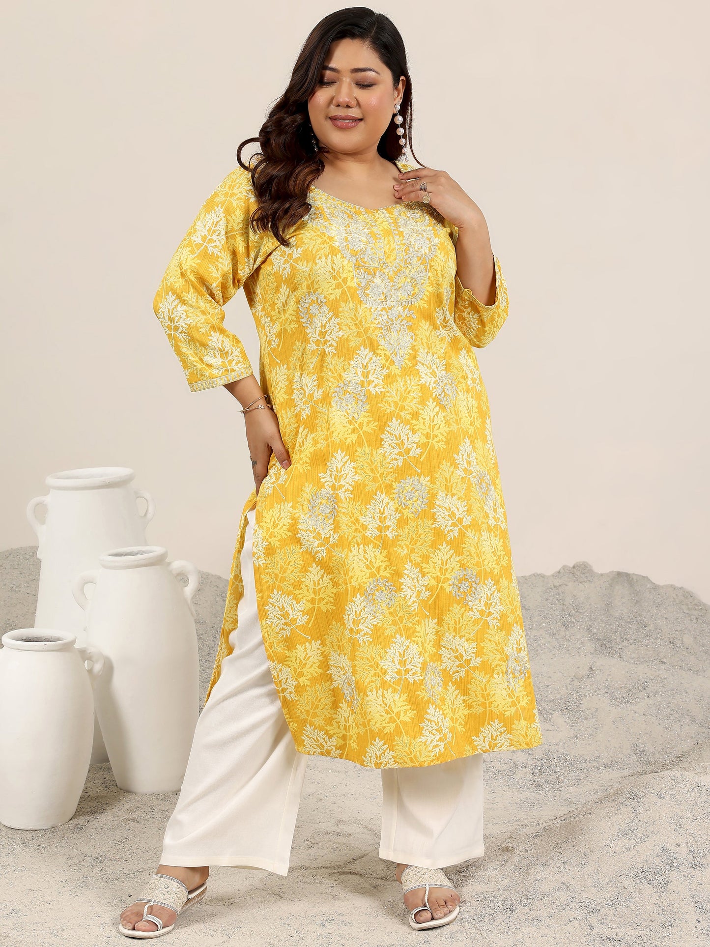 Plus Size Yellow Printed Cotton Straight Kurta