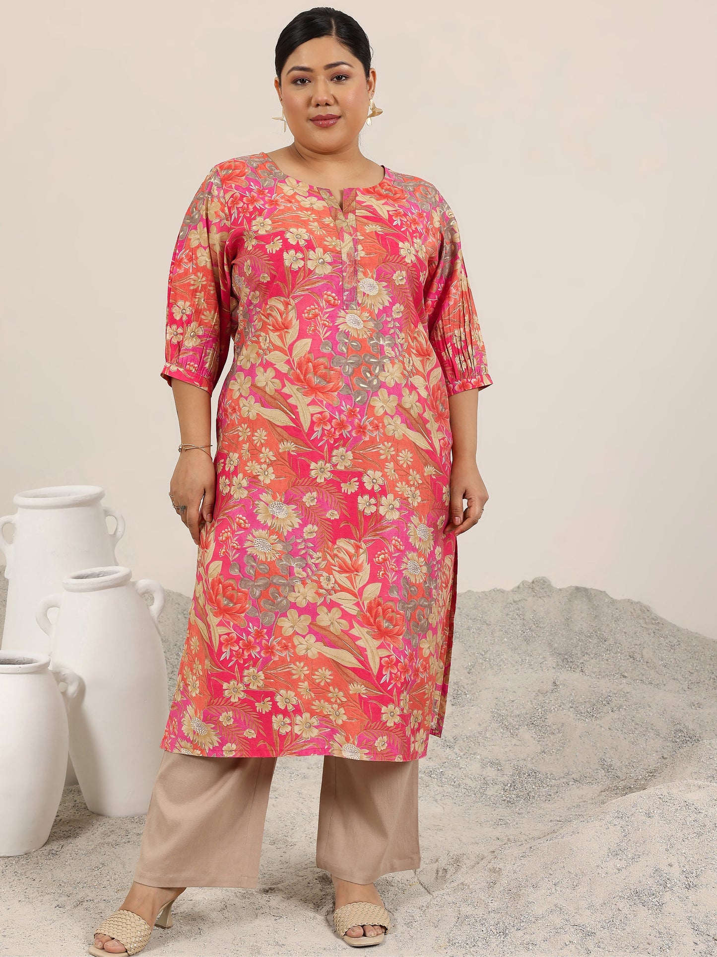 Plus Size Peach Printed Silk Blend Straight Kurta