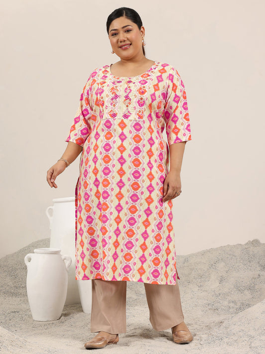 Plus Size Off White Printed Silk Blend Kurta