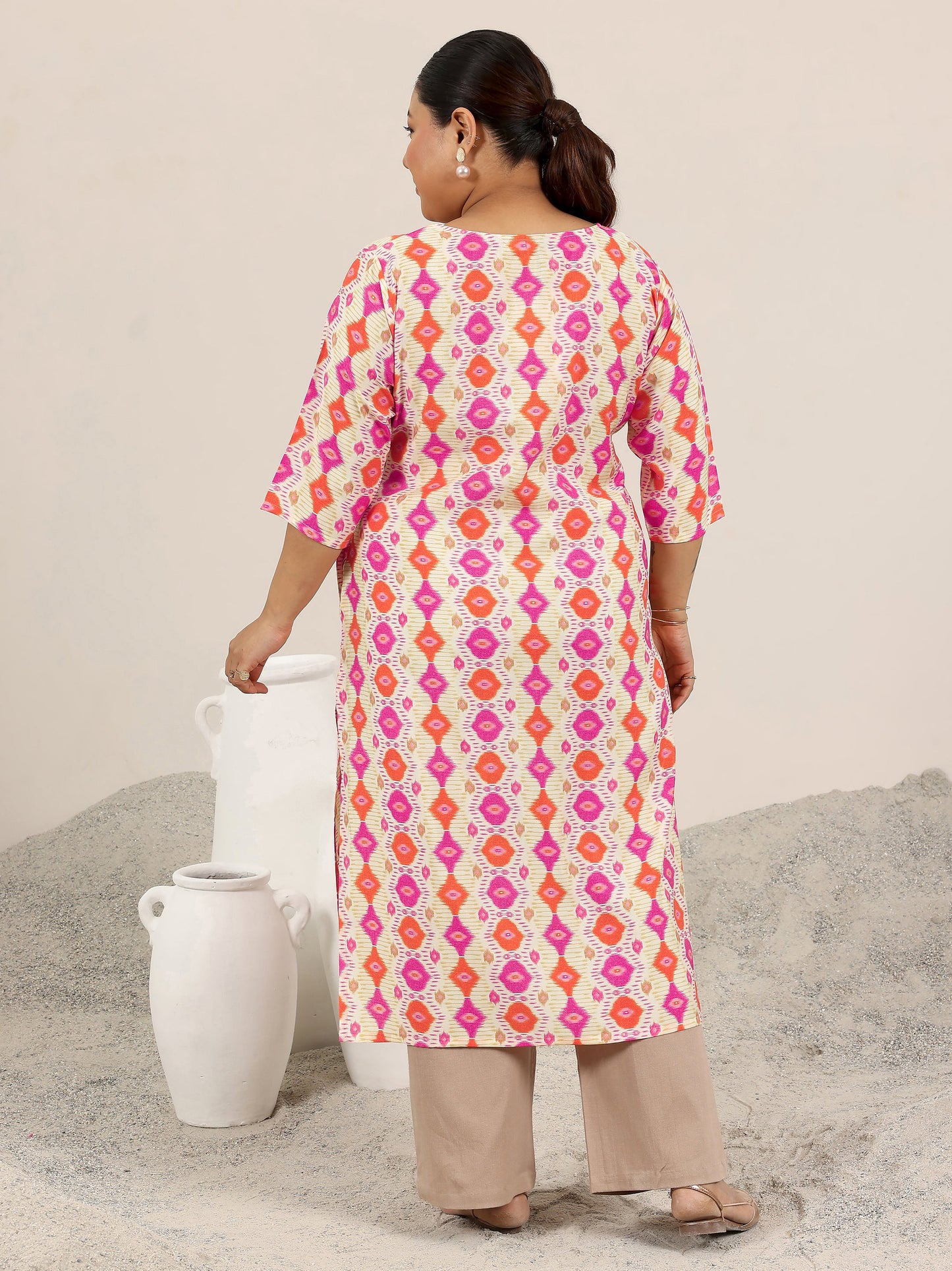 Plus Size Off White Printed Silk Blend Kurta
