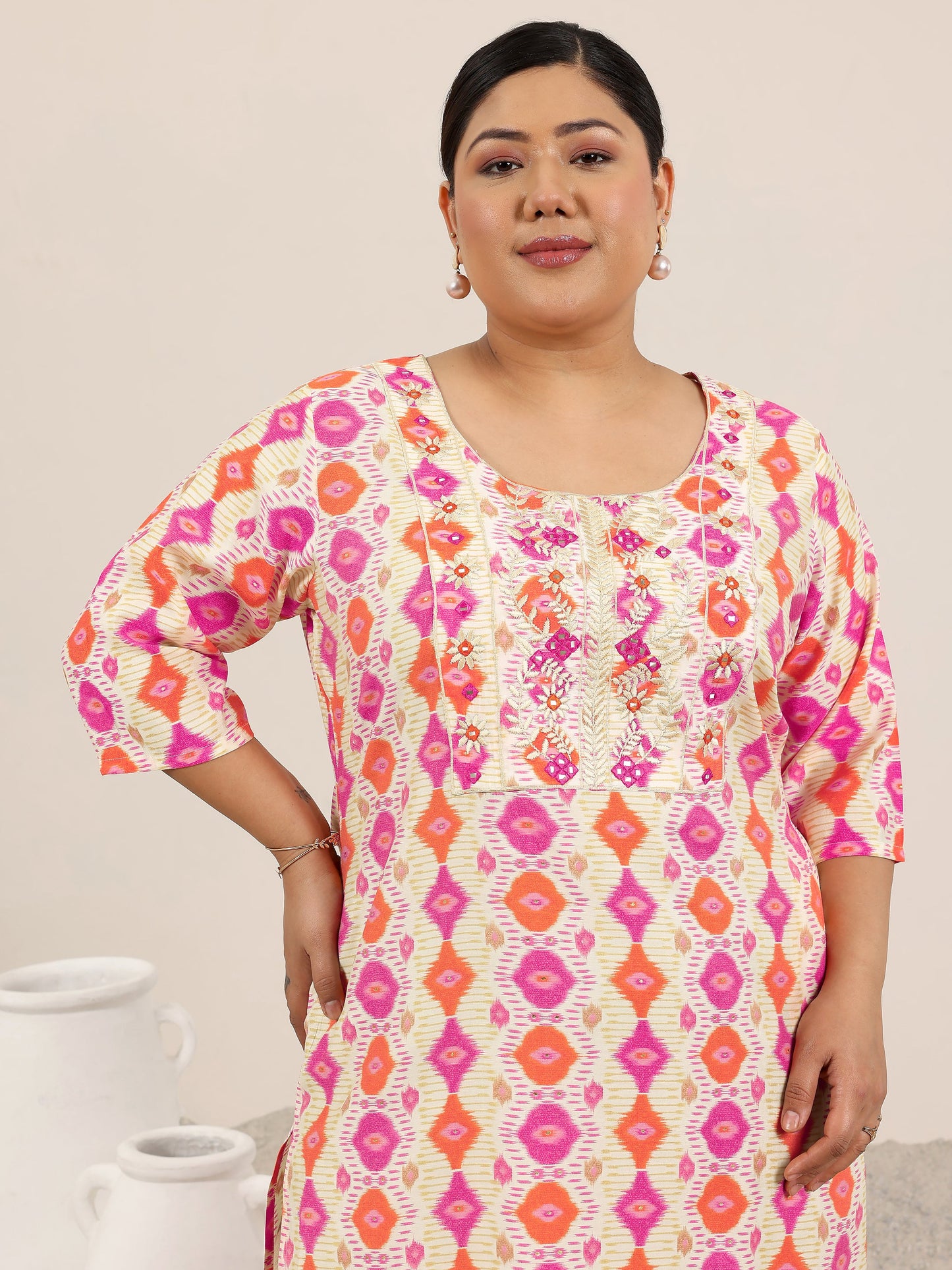 Plus Size Off White Printed Silk Blend Kurta
