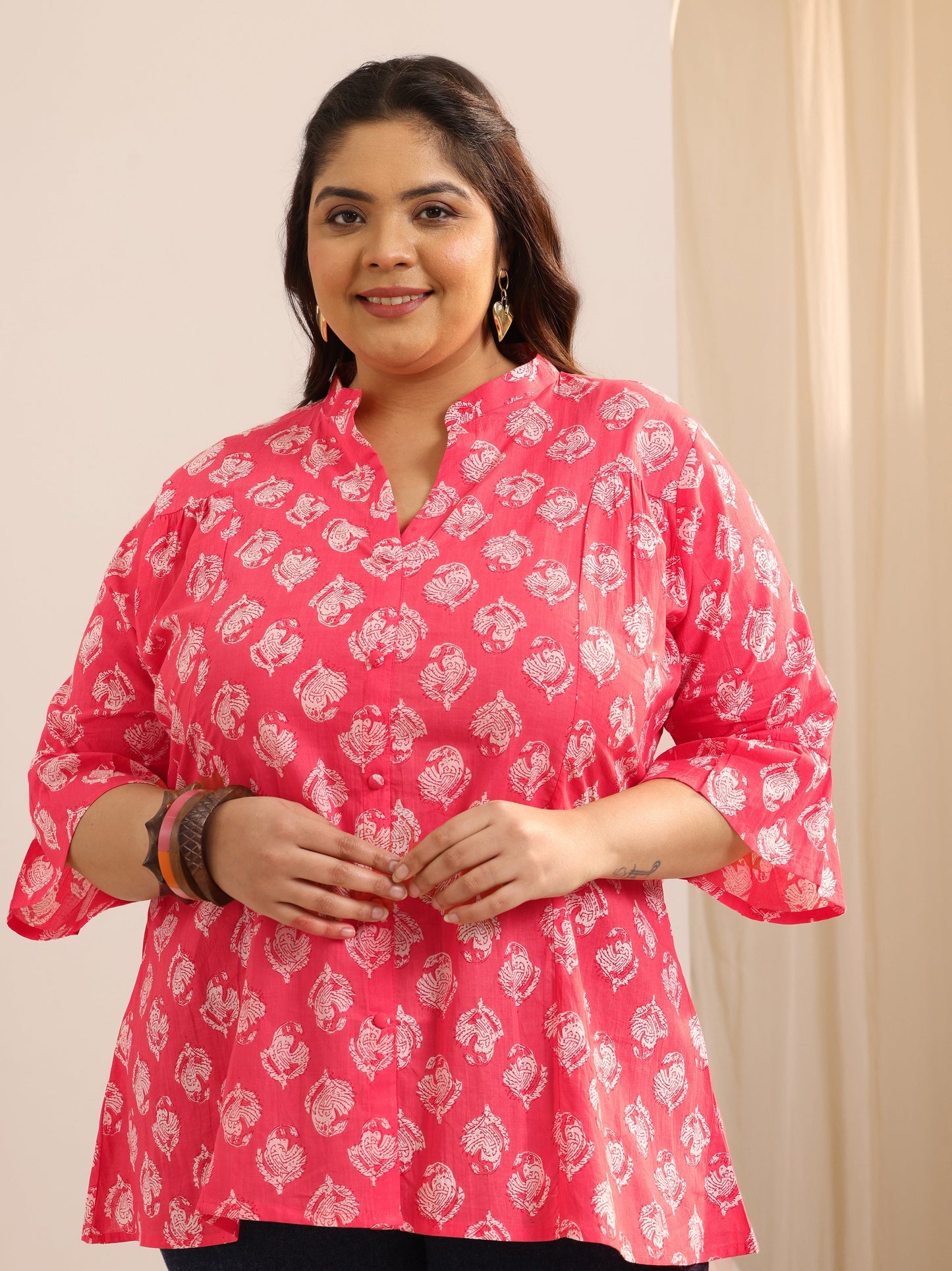 Plus Size Coral Printed Cotton Straight Short Kurti