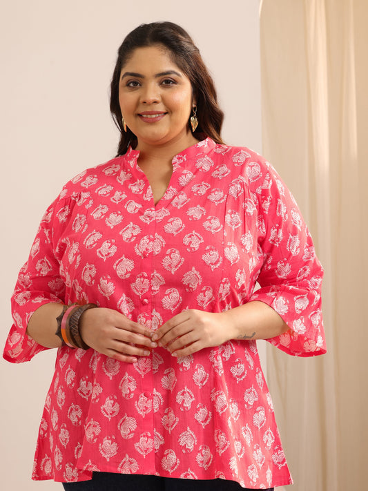 Plus Size Coral Printed Cotton Straight Short Kurti