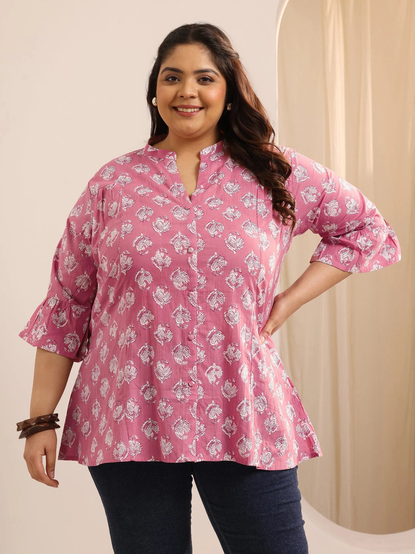 Plus Size Mauve Printed Cotton Straight Short Kurti