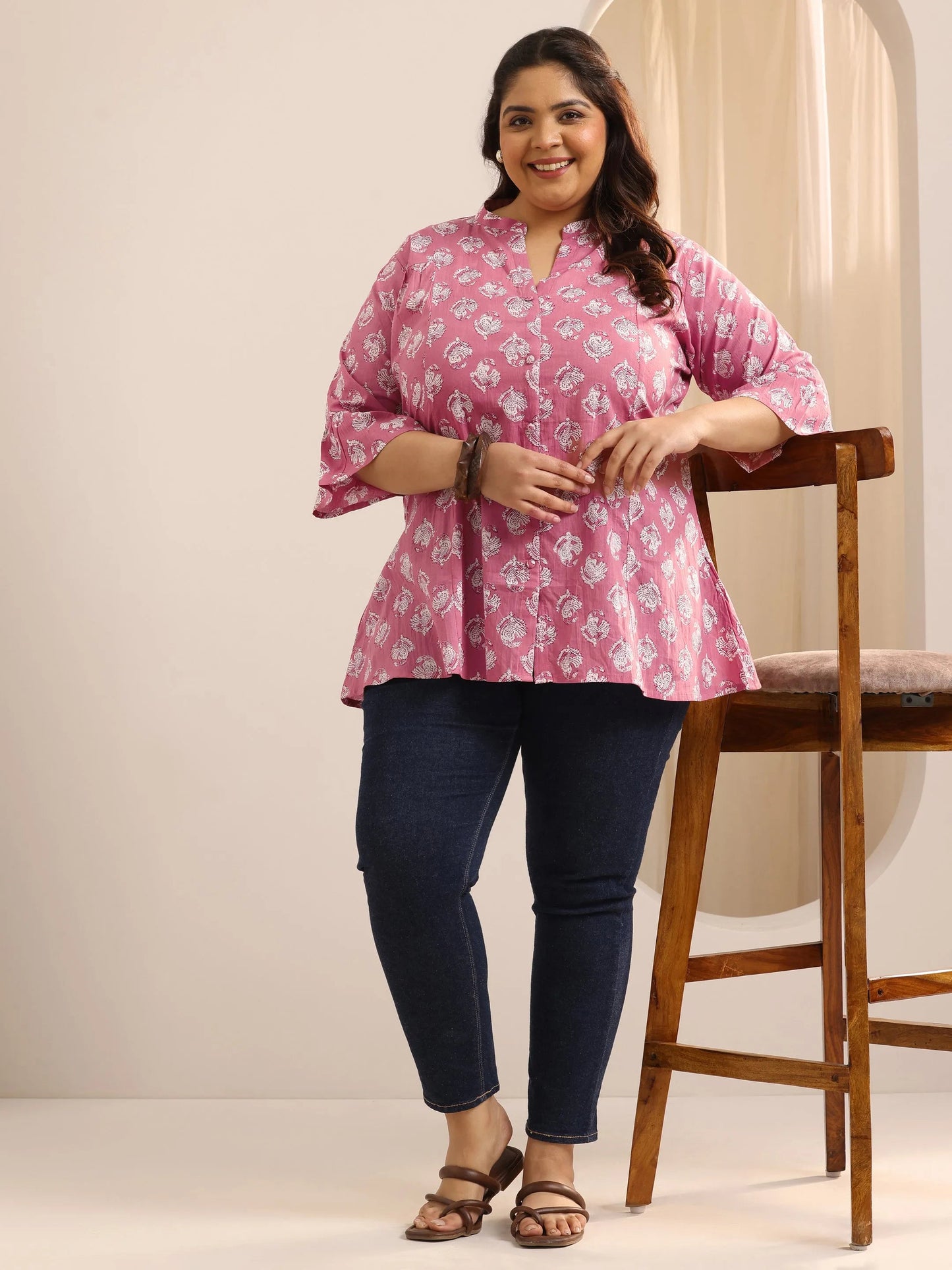 Plus Size Mauve Printed Cotton Straight Short Kurti