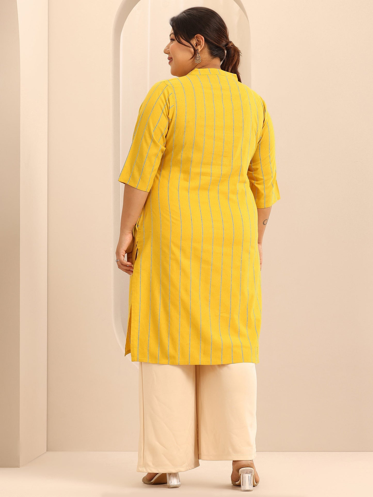 Plus Size Mustard Woven Design Cotton Blend Straight Kurta