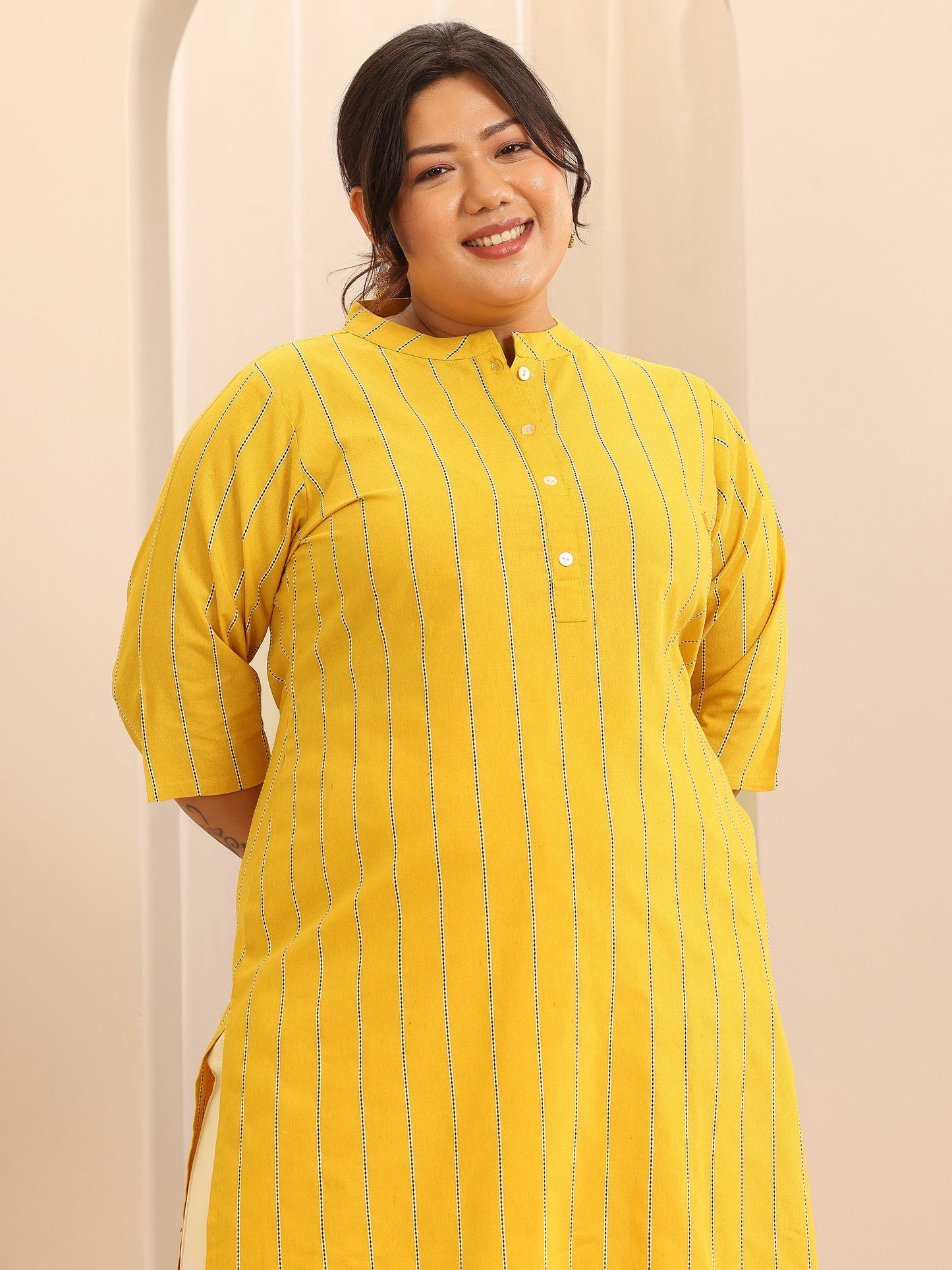 Plus Size Mustard Woven Design Cotton Blend Straight Kurta