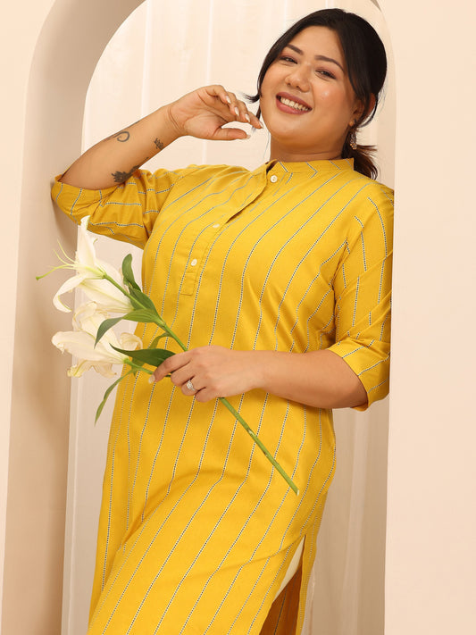 Plus Size Mustard Woven Design Cotton Blend Straight Kurta