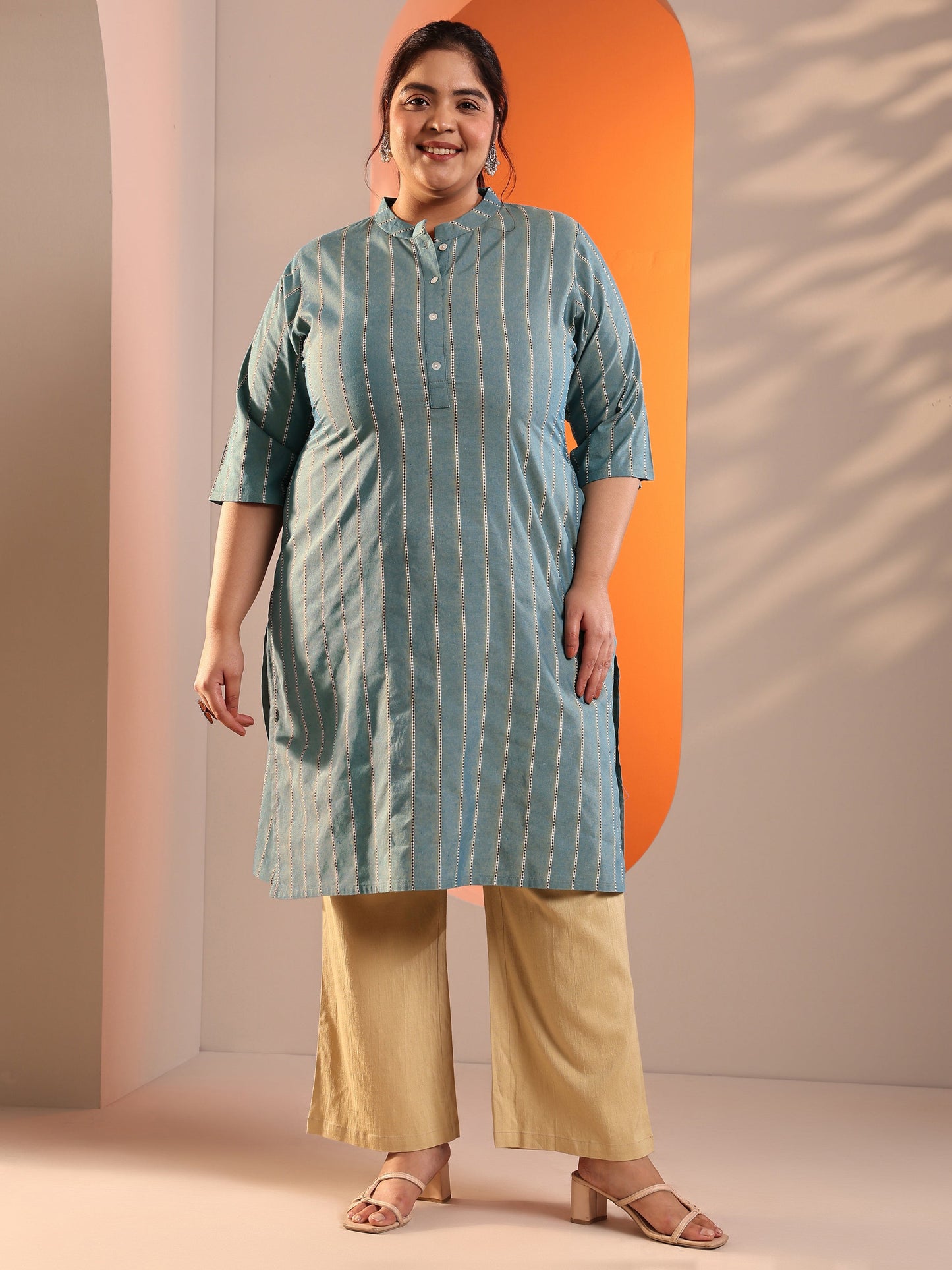 Plus Size Blue Woven Design Cotton Blend Straight Kurta