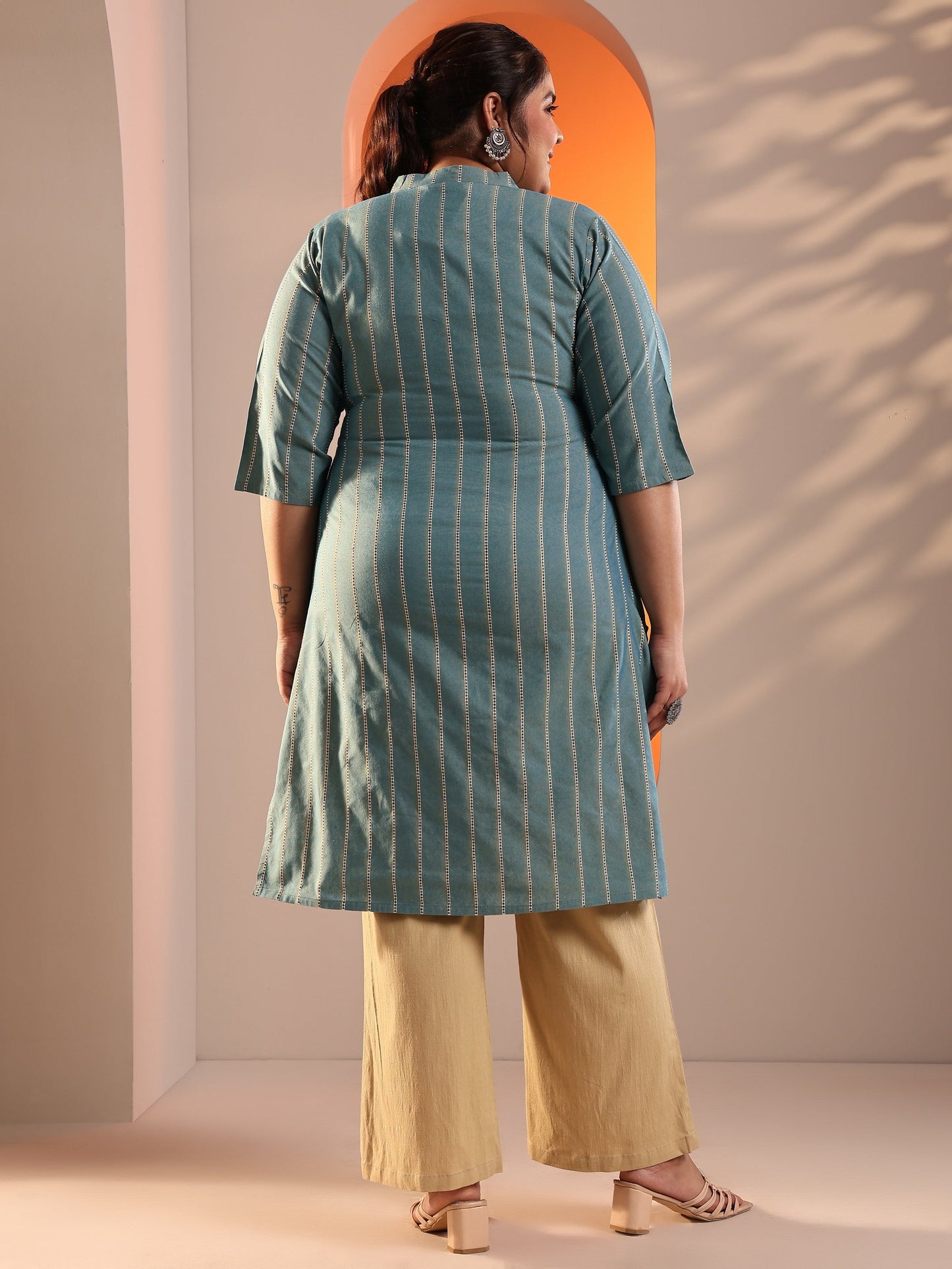 Plus Size Blue Woven Design Cotton Blend Straight Kurta