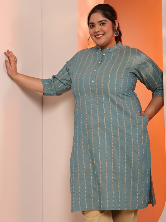 Plus Size Blue Woven Design Cotton Blend Straight Kurta