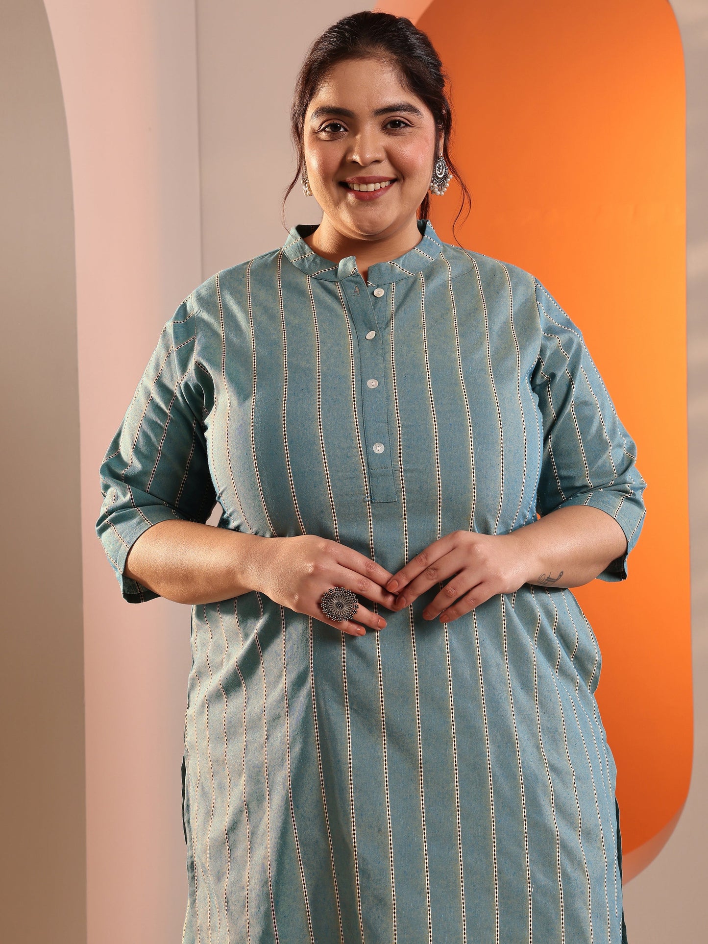Plus Size Blue Woven Design Cotton Blend Straight Kurta