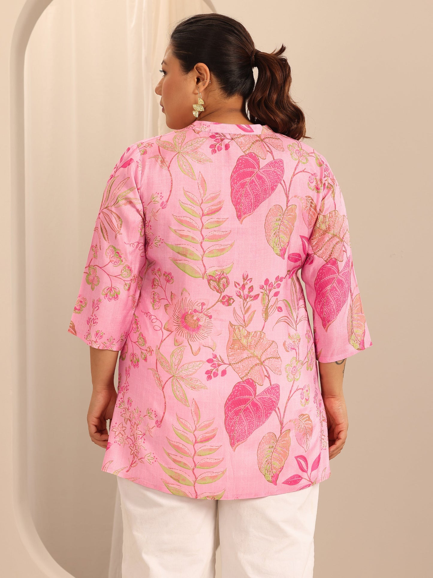 Plus Size Pink Printed Muslin Straight Tunic