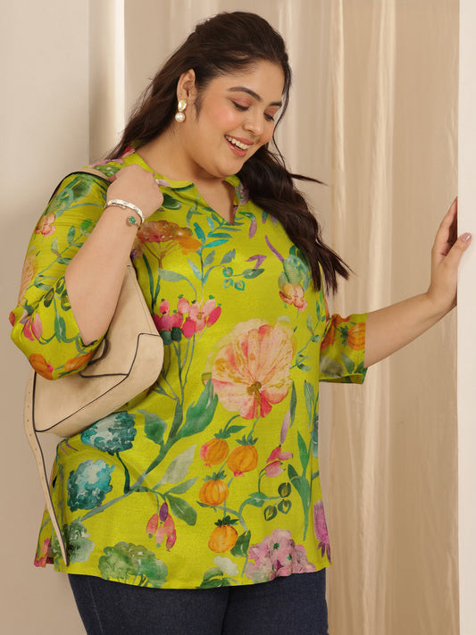 Plus Size Lime Green Printed Muslin Straight Short Kurti