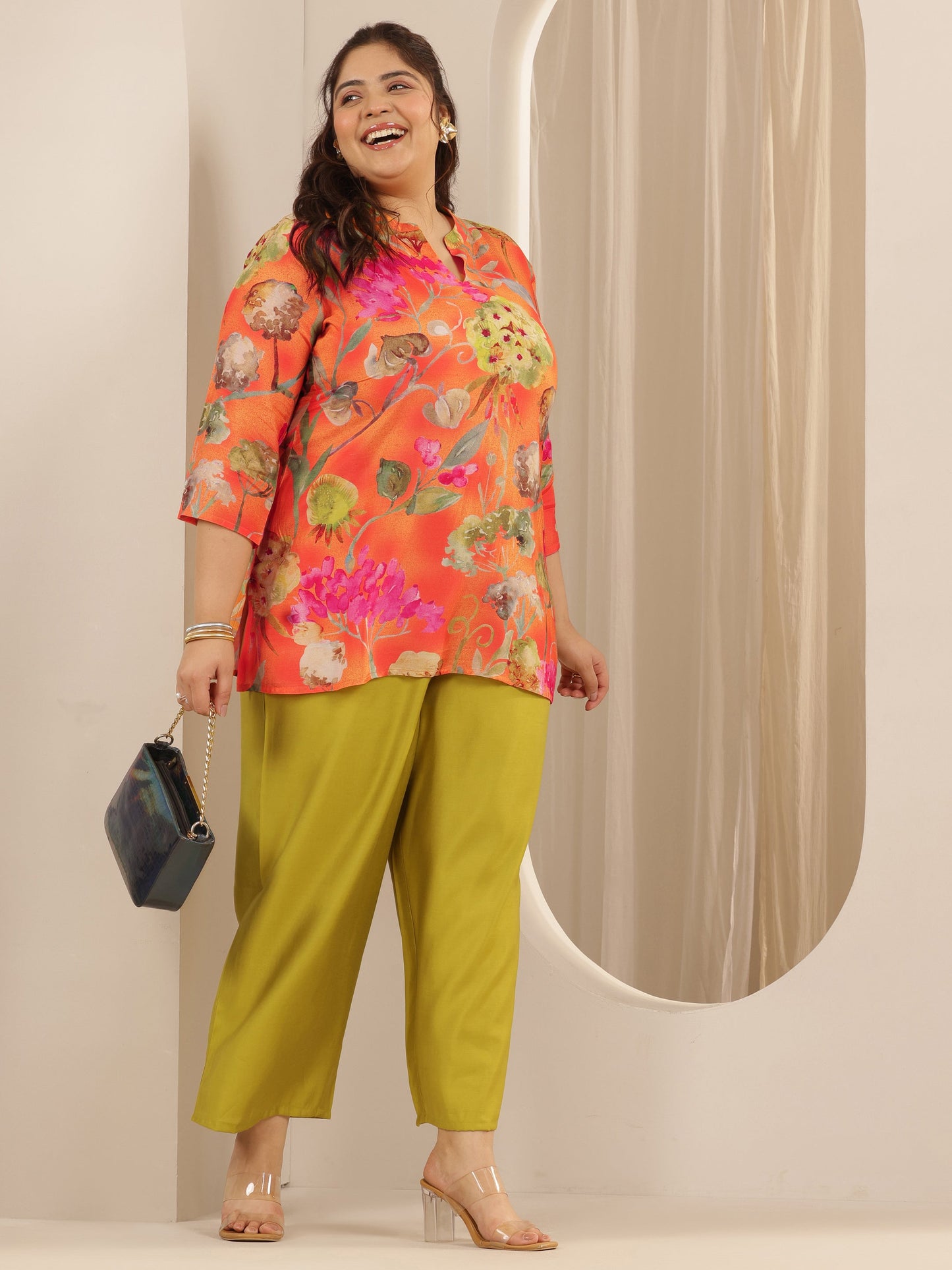 Plus Size Orange Printed Muslin Straight Short Kurti