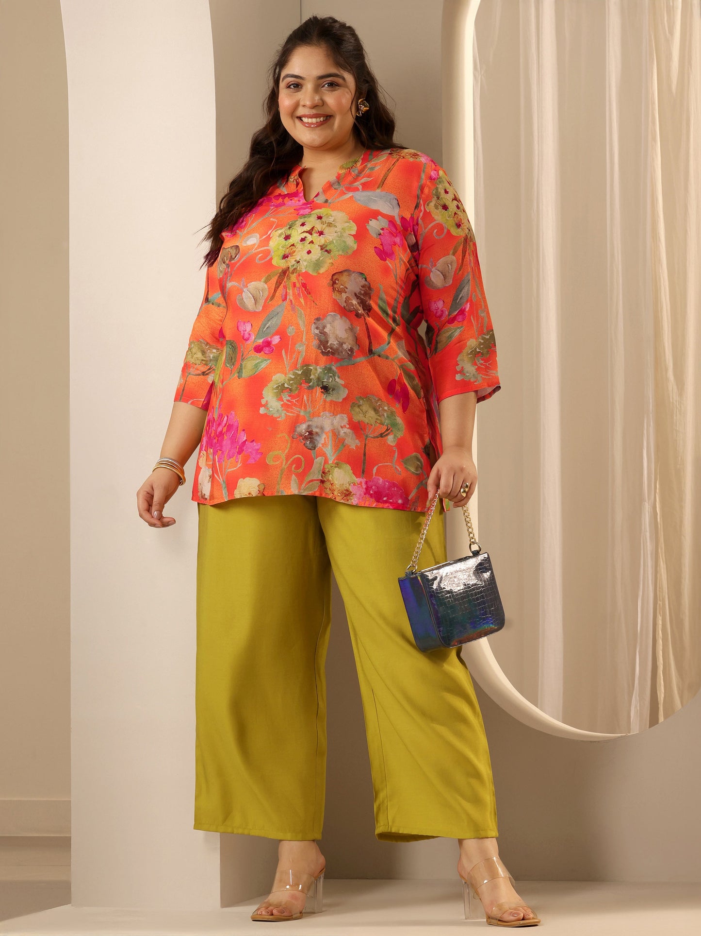 Plus Size Orange Printed Muslin Straight Short Kurti