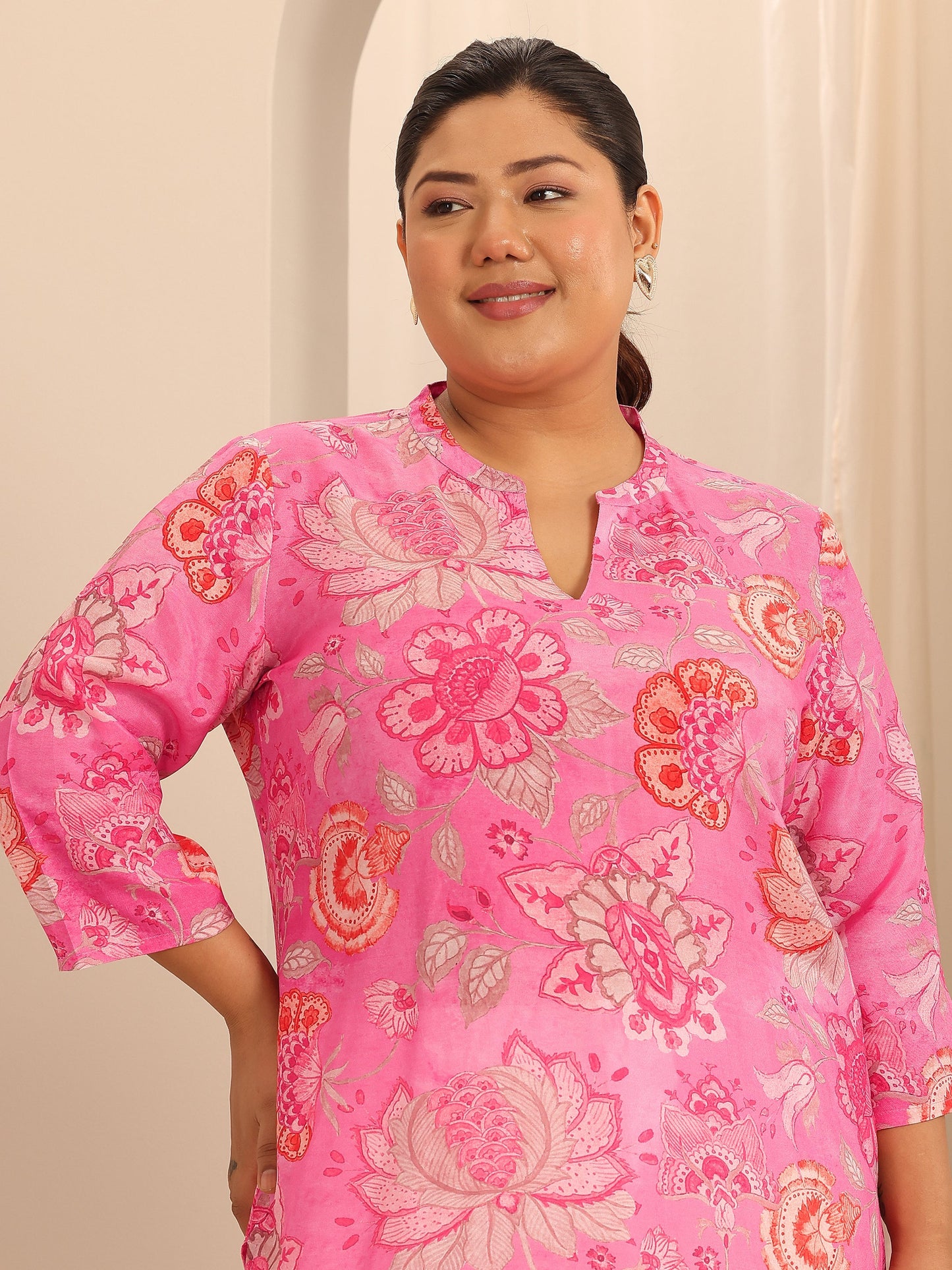 Plus Size Pink Printed Muslin Straight Tunic