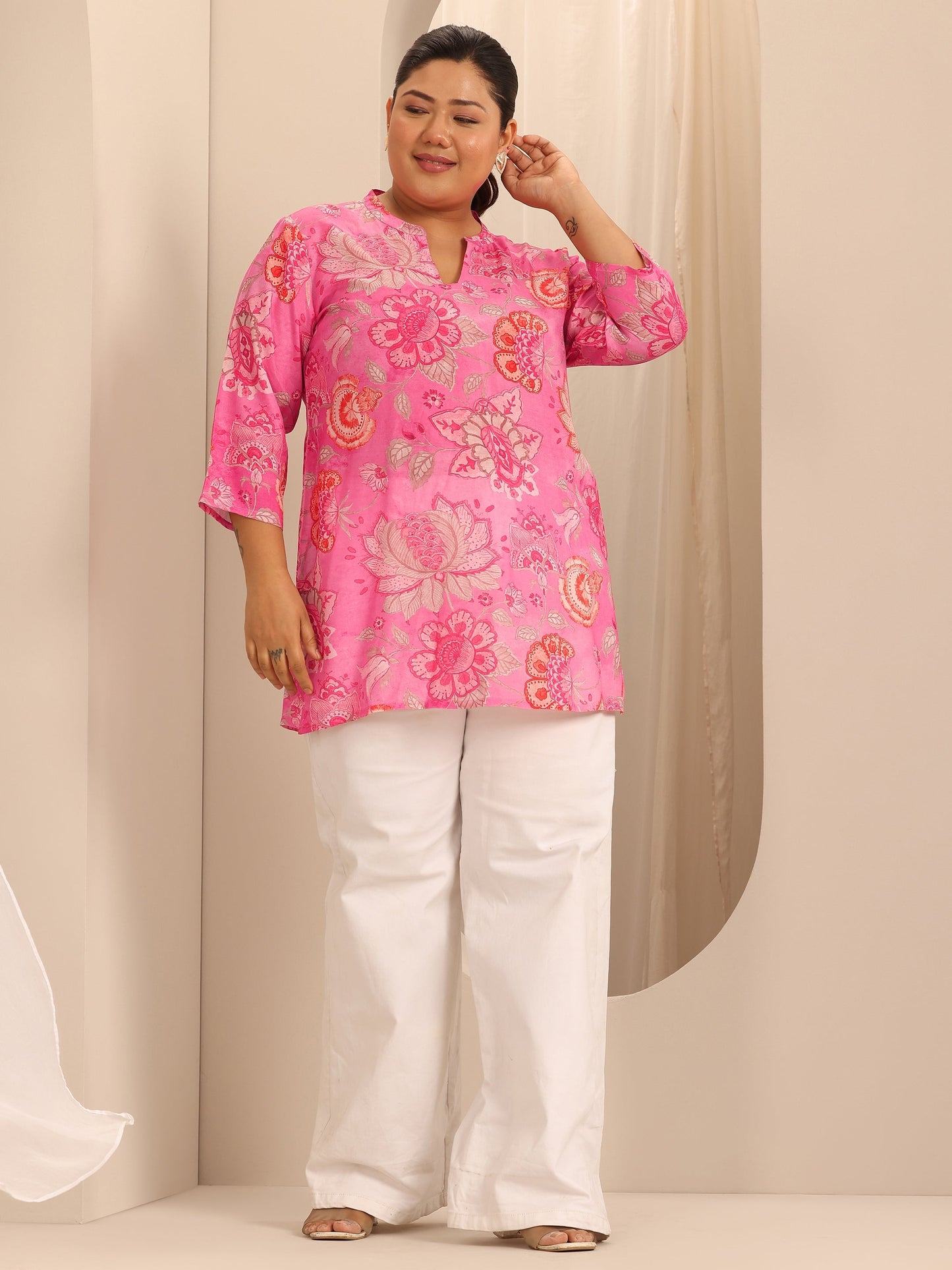 Plus Size Pink Printed Muslin Straight Tunic