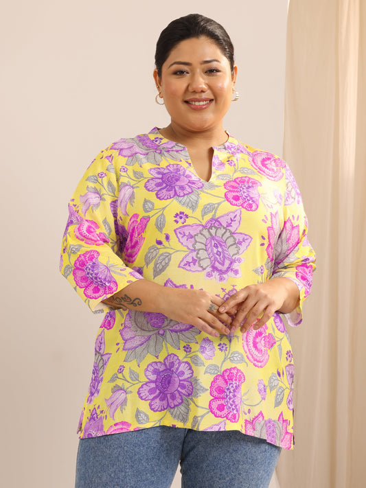 Plus Size Yellow Printed Muslin Straight Tunic