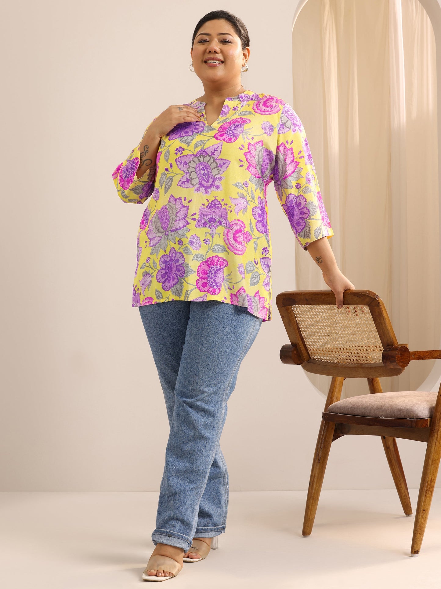 Plus Size Yellow Printed Muslin Straight Tunic