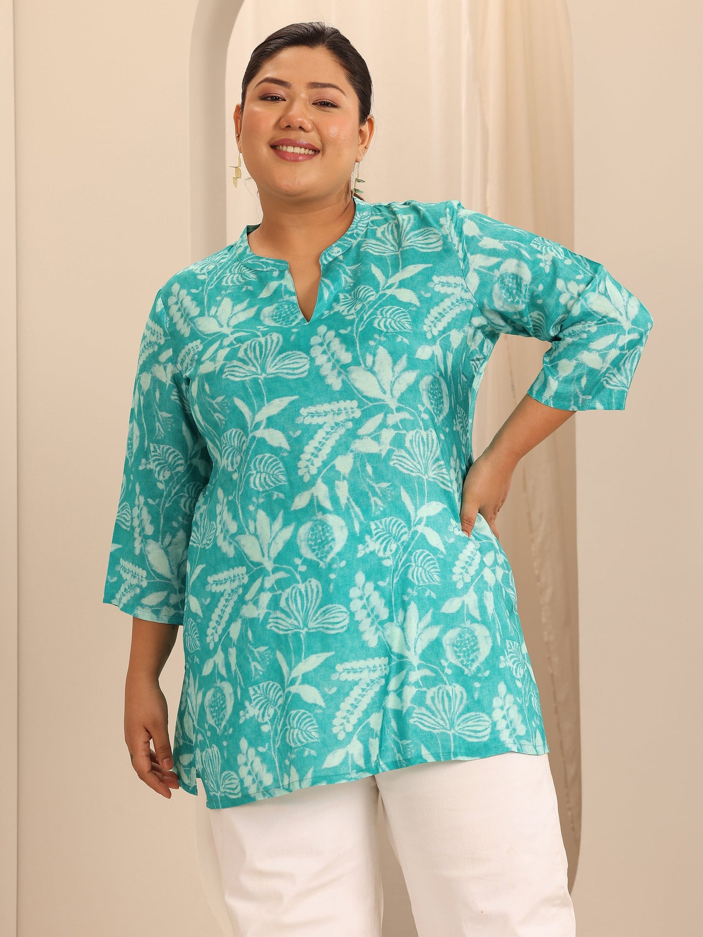 Plus Size Rama Green Printed Muslin Straight Tunic