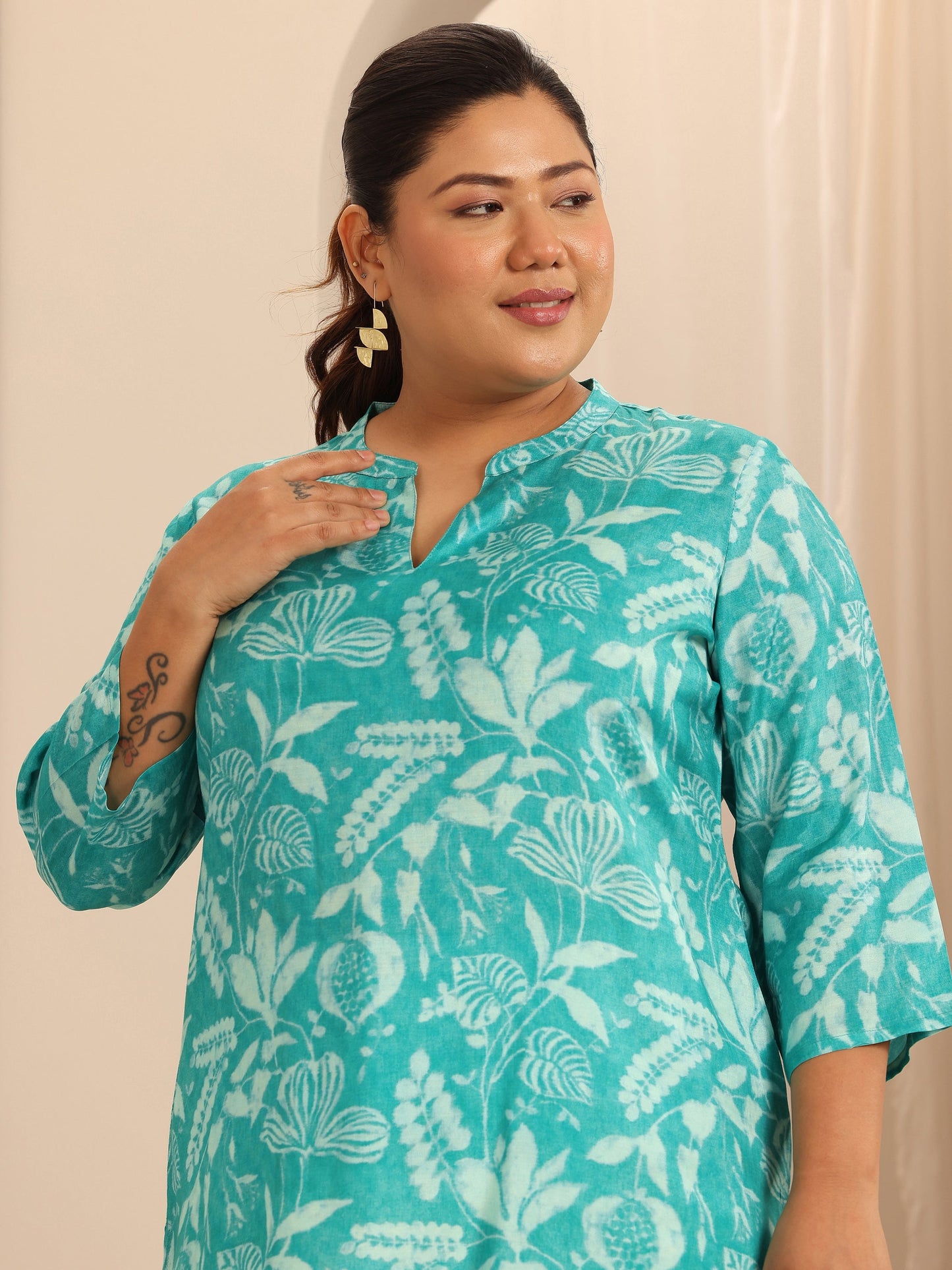 Plus Size Rama Green Printed Muslin Straight Tunic