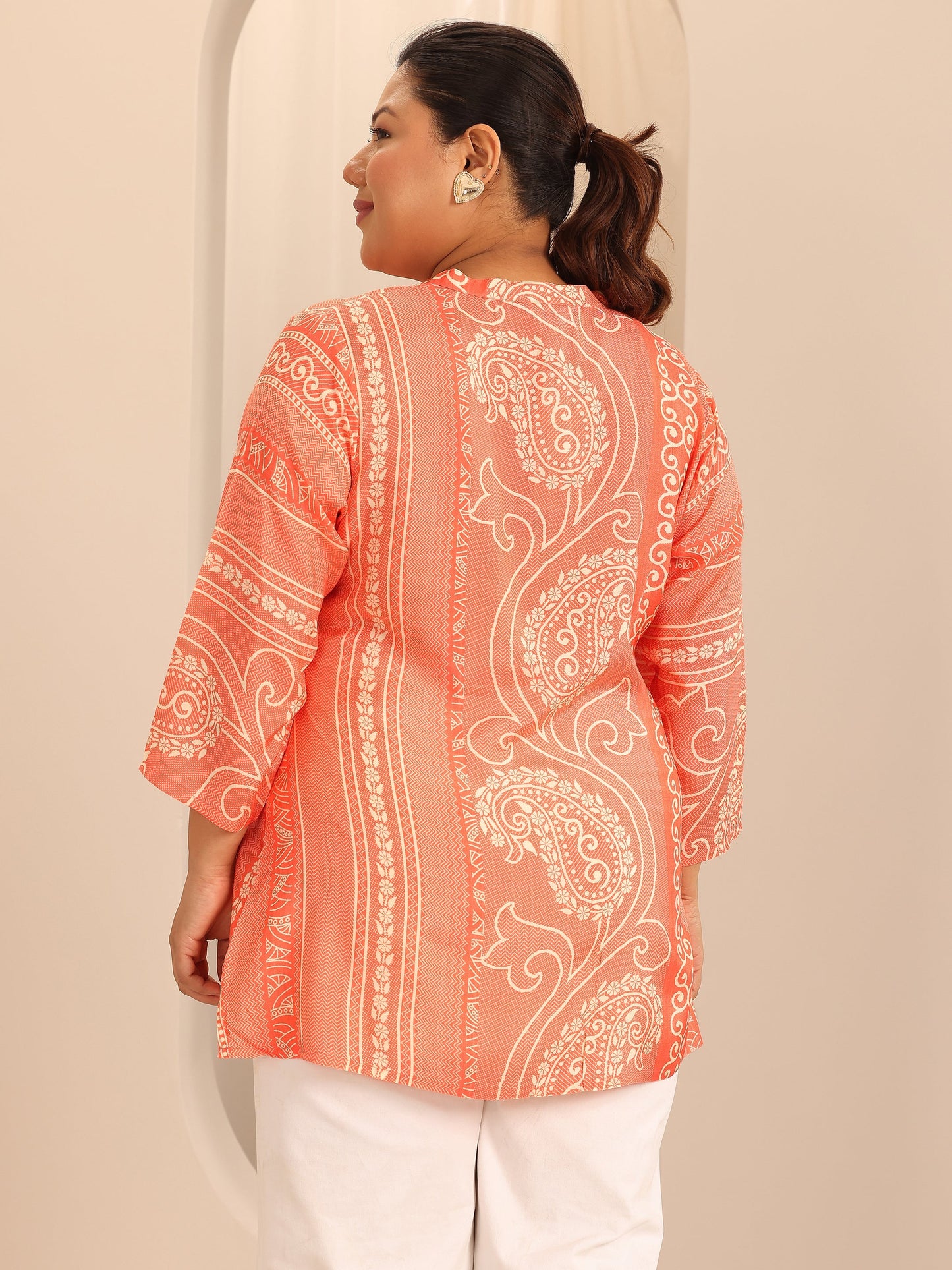 Plus Size Orange Printed Muslin Straight Tunic
