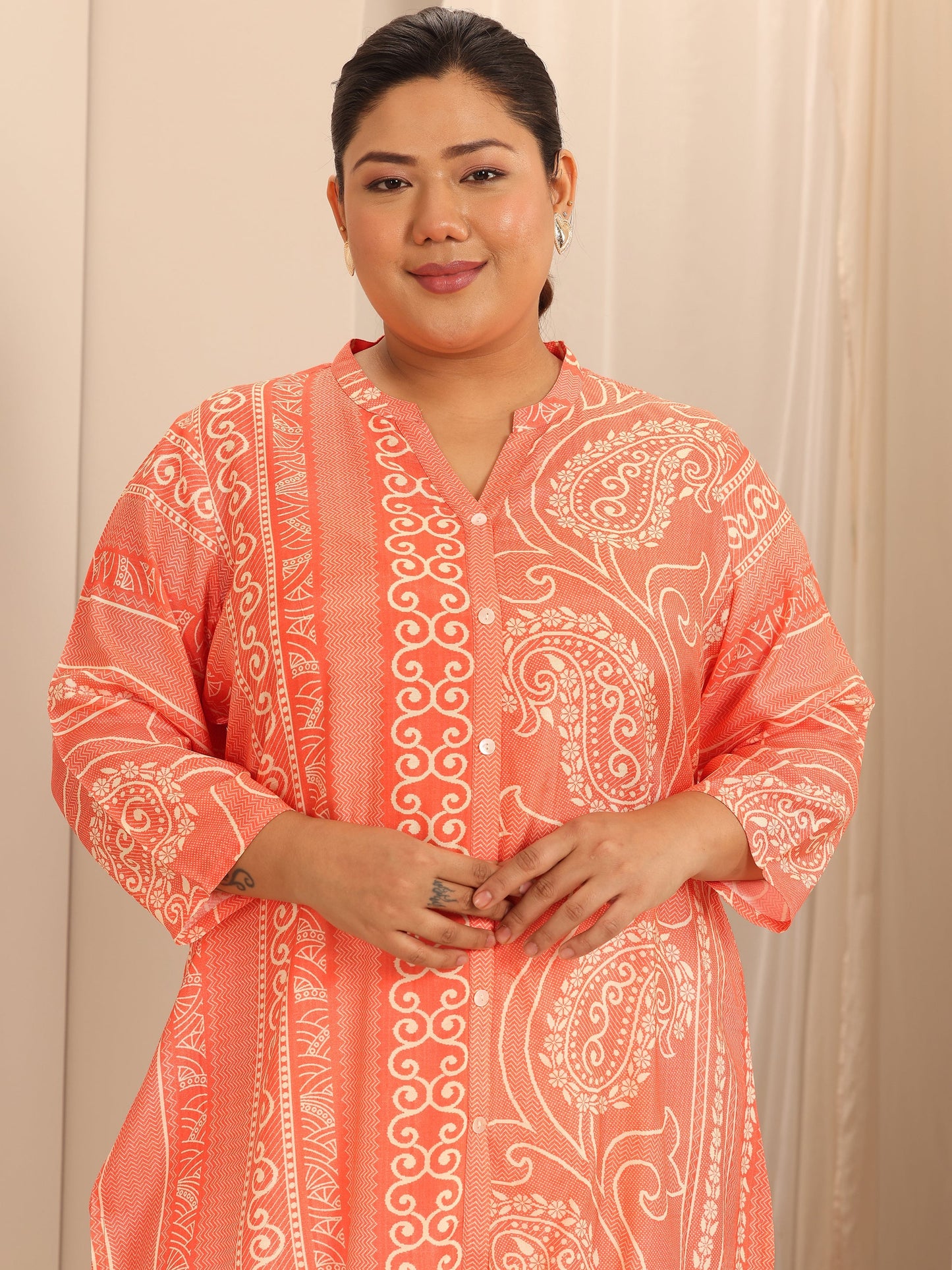 Plus Size Orange Printed Muslin Straight Tunic