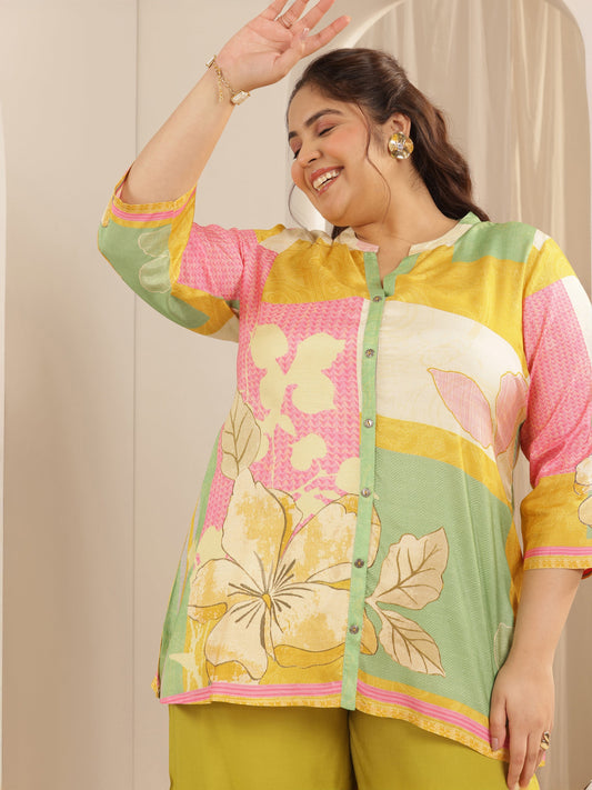 Plus Size Multi Printed Muslin Straight Short Kurti