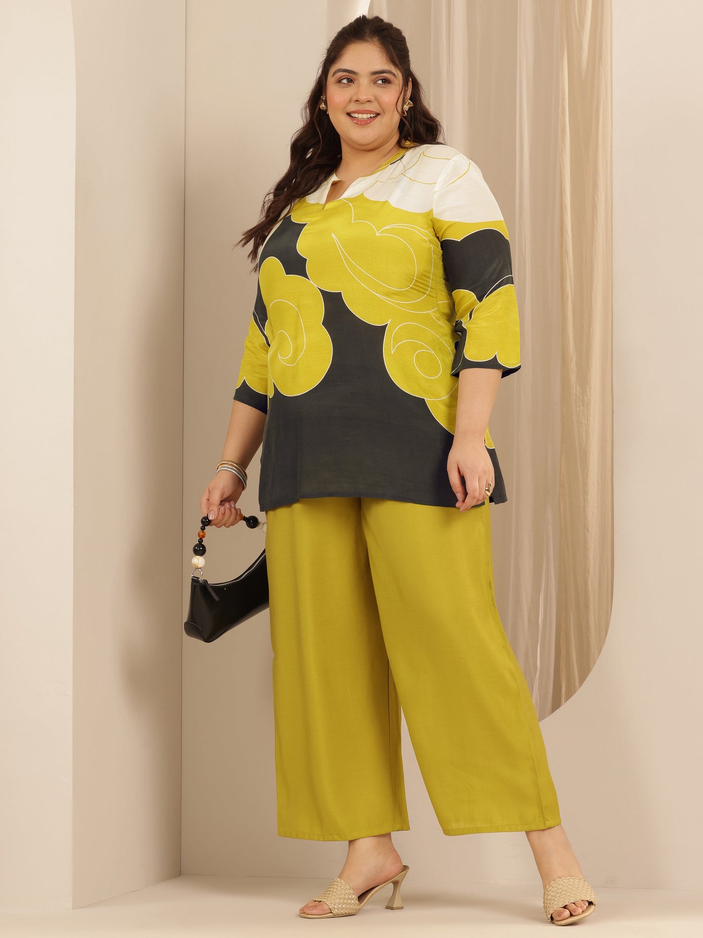 Plus Size Black Printed Muslin Straight Short Kurti